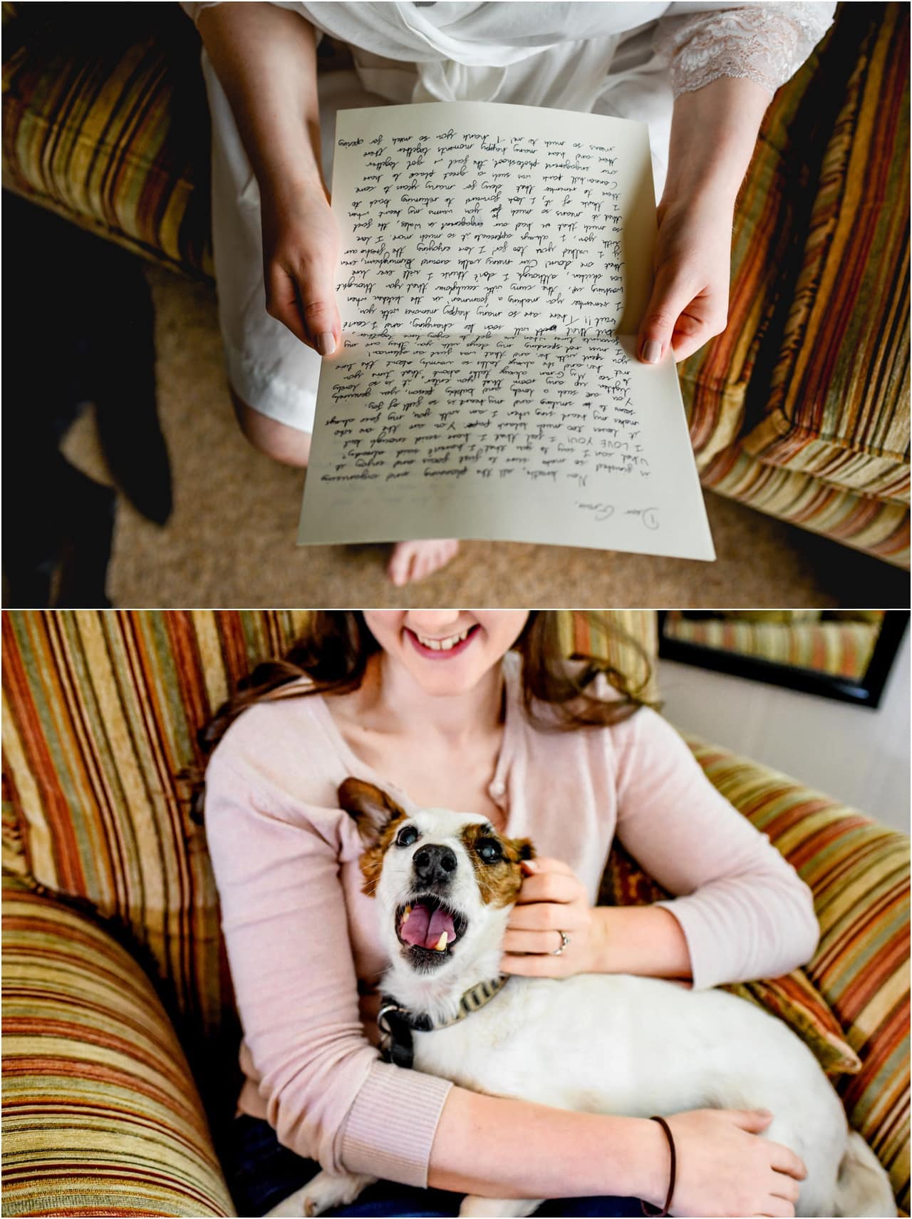 Bride reads letter from groom on the morning of her wedding while bridesmaid looks on cuddling Jack Russell puppy.