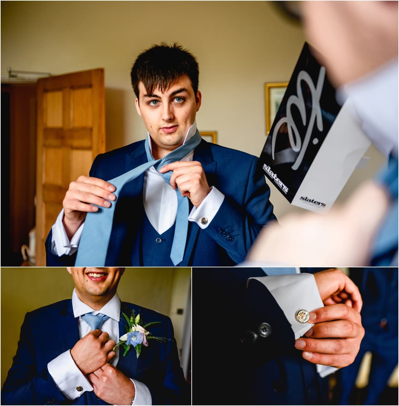 Groom gets ready for a wedding with the help of his ushers. Tying his tie and putting on cufflinks.