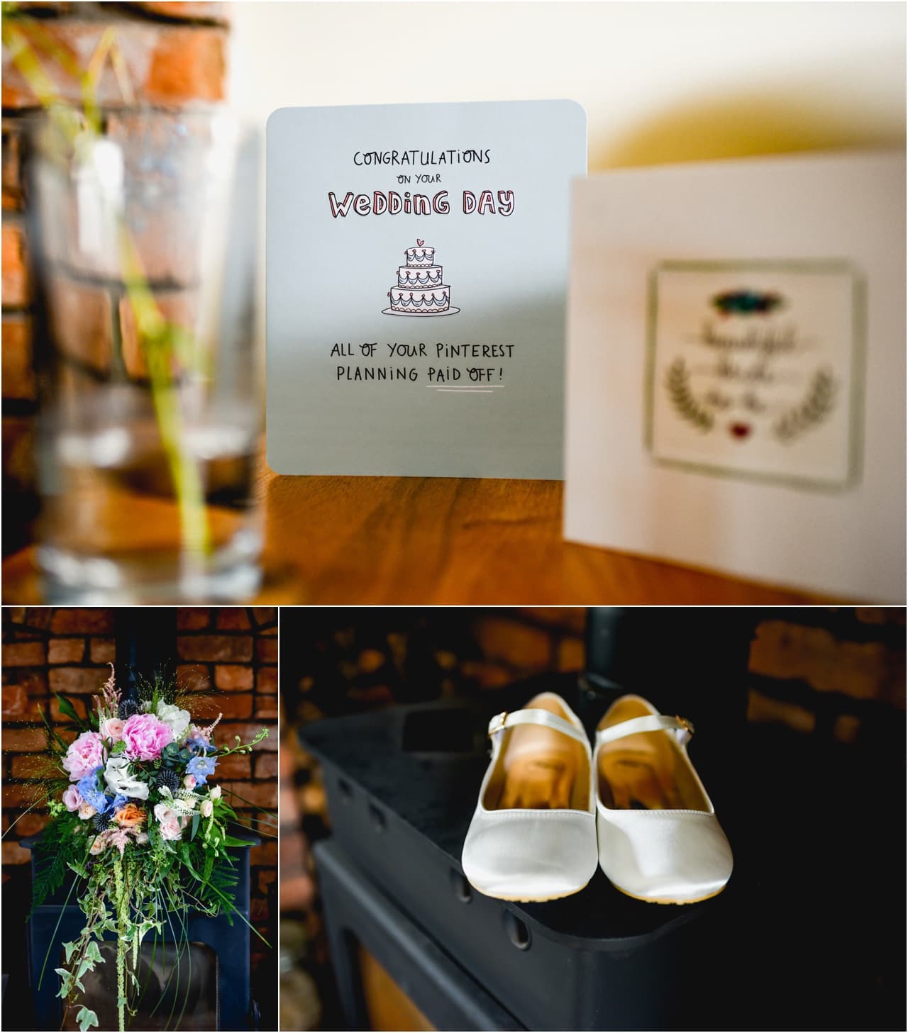 Brides shoes and bouquet before a wedding at Wrekin College.