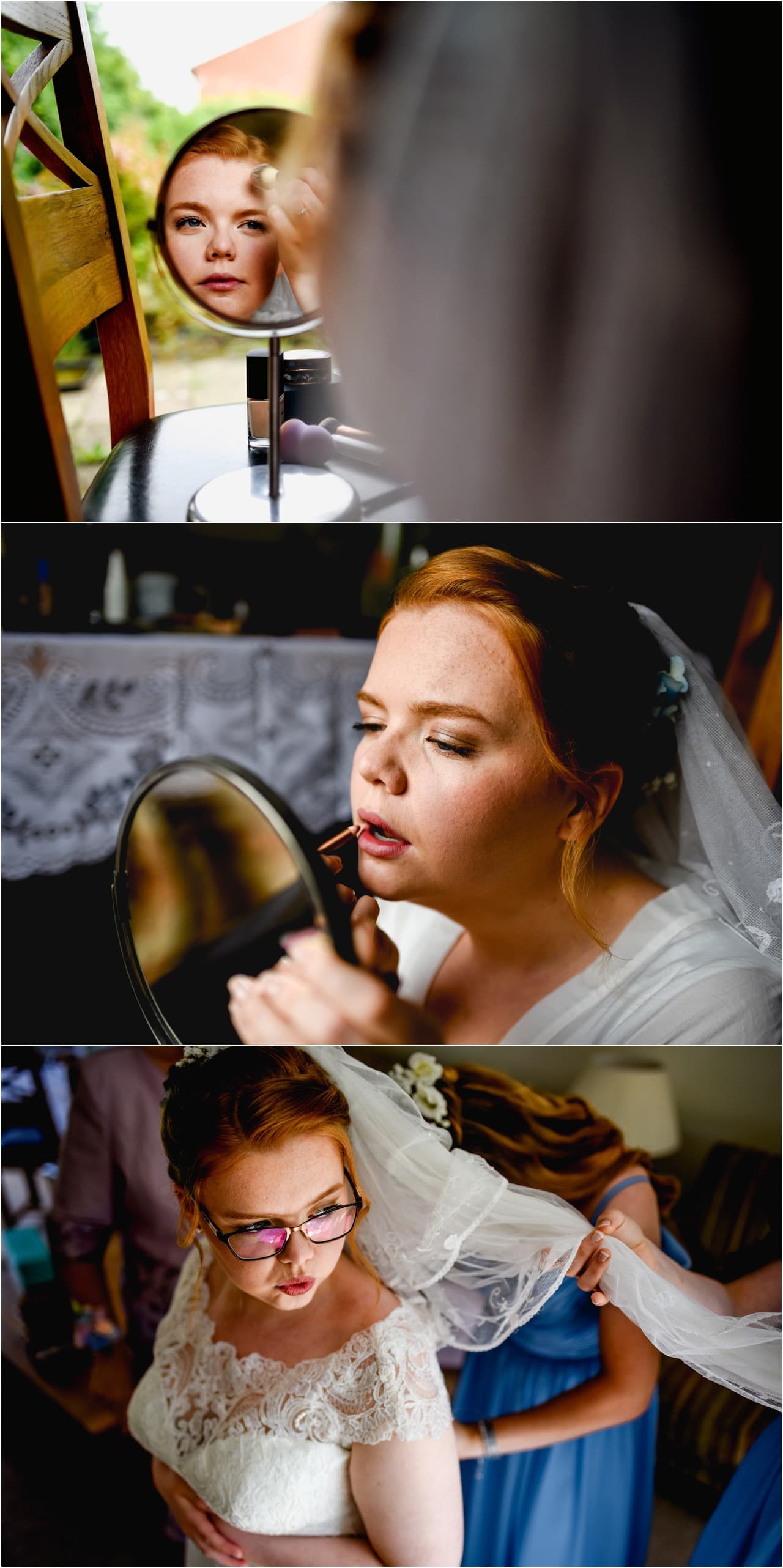 Bride applies her make up on the morning of a wedding sitting on the floor of the lounge in her family home.