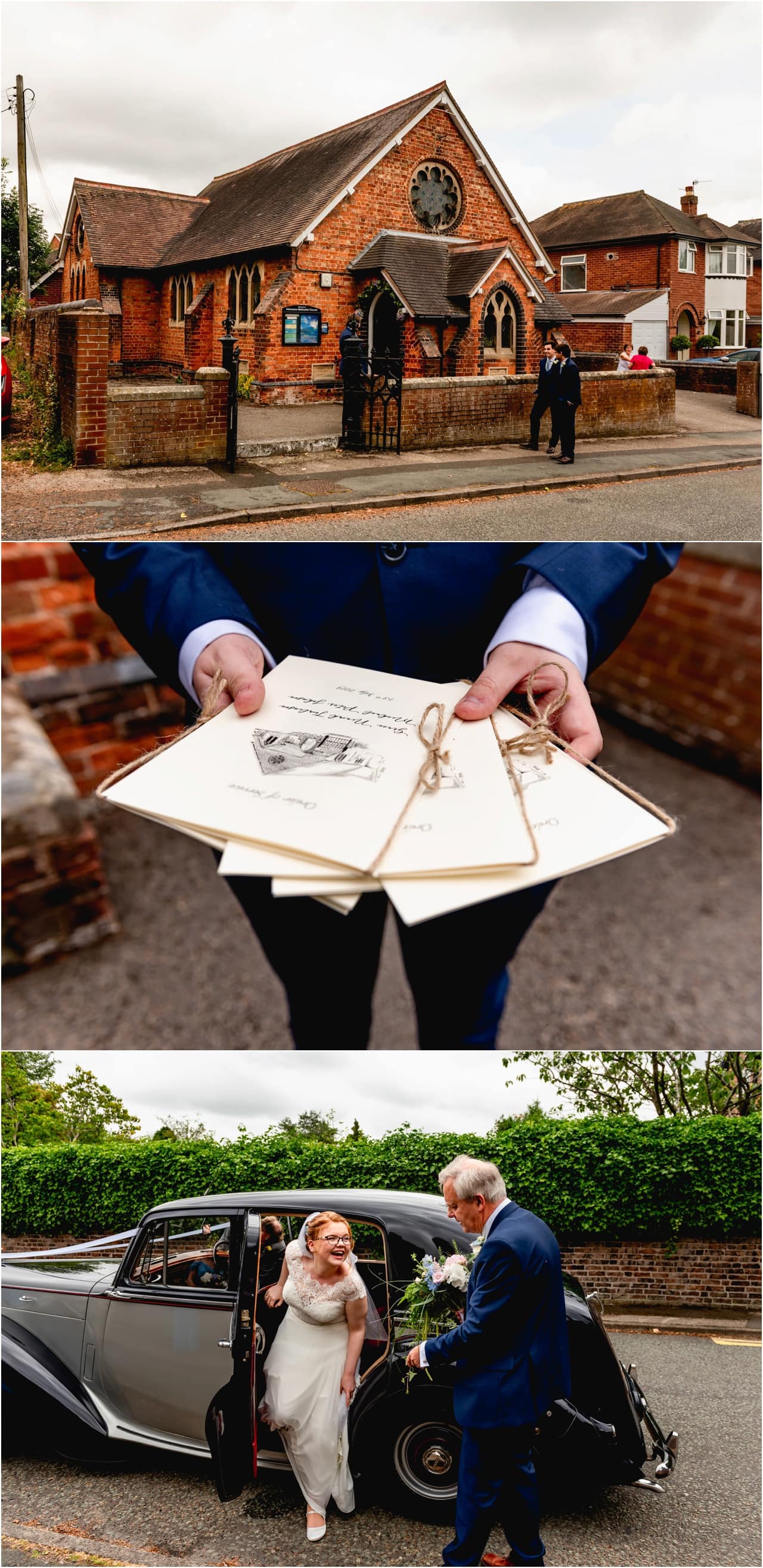 Outside of the church on a wedding day ; ushers and groomsmen hand out orders of service as bride arrives in vintage car with her father.