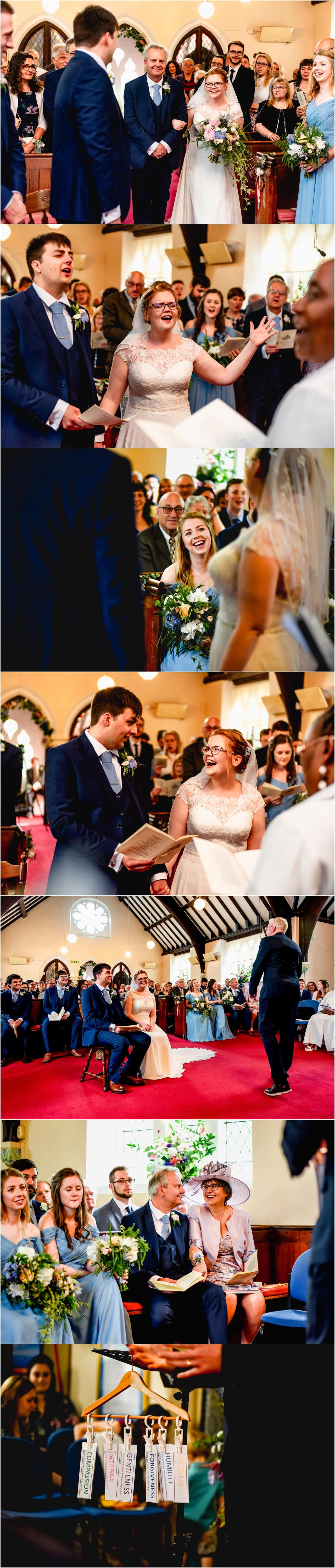 Religious wedding ceremony with bride and groom singing hymns with their hands in the air.