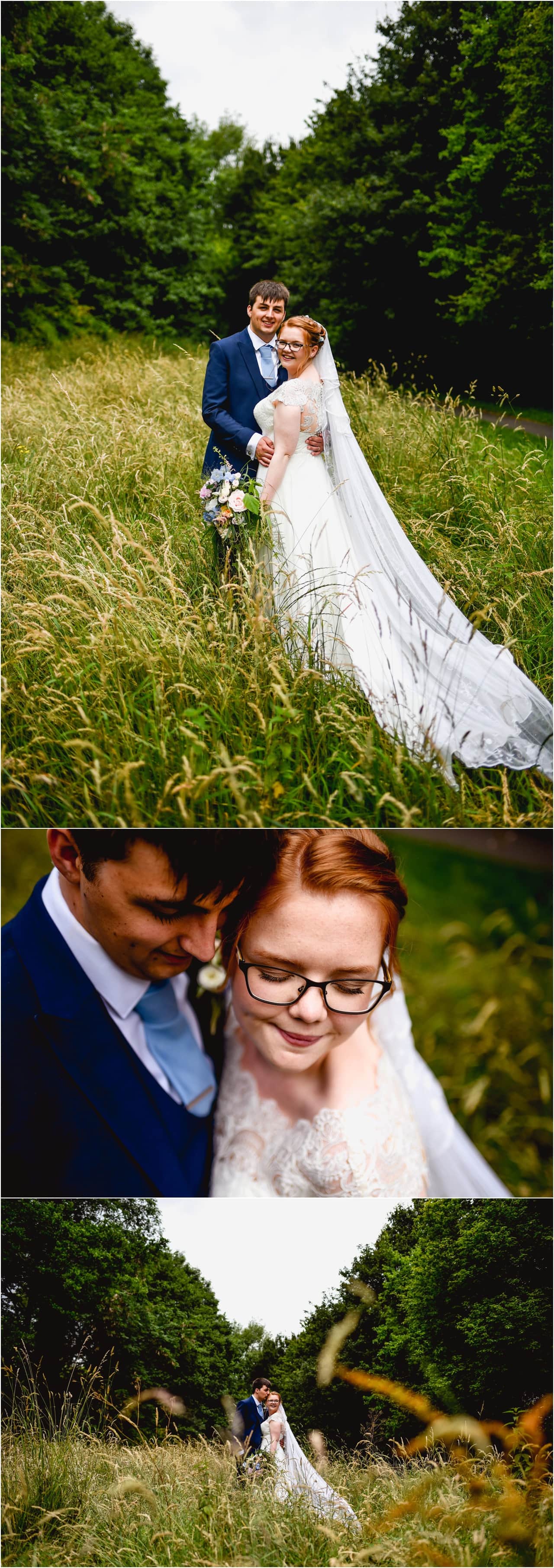 Bride and groom portraits after their wedding ceremony ; bride and groom stand in field of long grass together