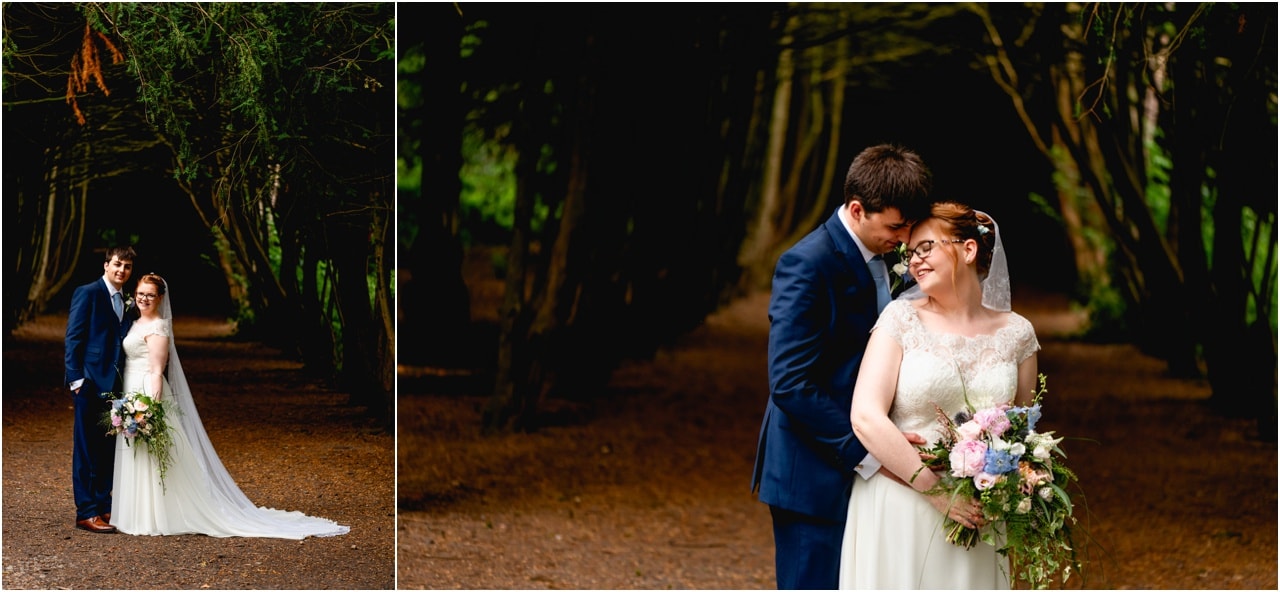 Bride and groom in a dark forest for bridal portraits