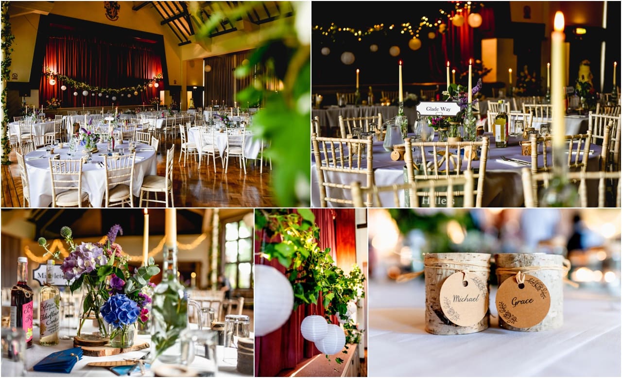 Interiors views of room set up for wedding reception at Wrekin College in Telford.