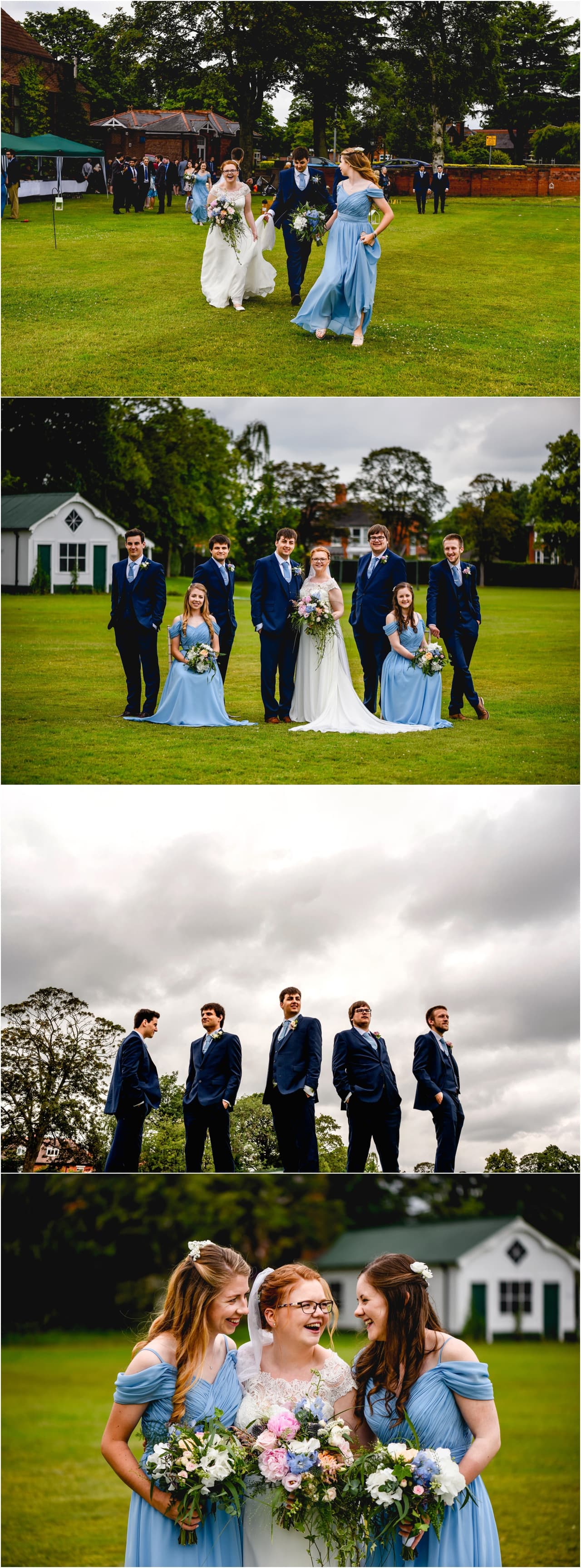 Bridal party at Wrekin College wedding ; bridesmaid in powder blue and ushers in navy blue suits.