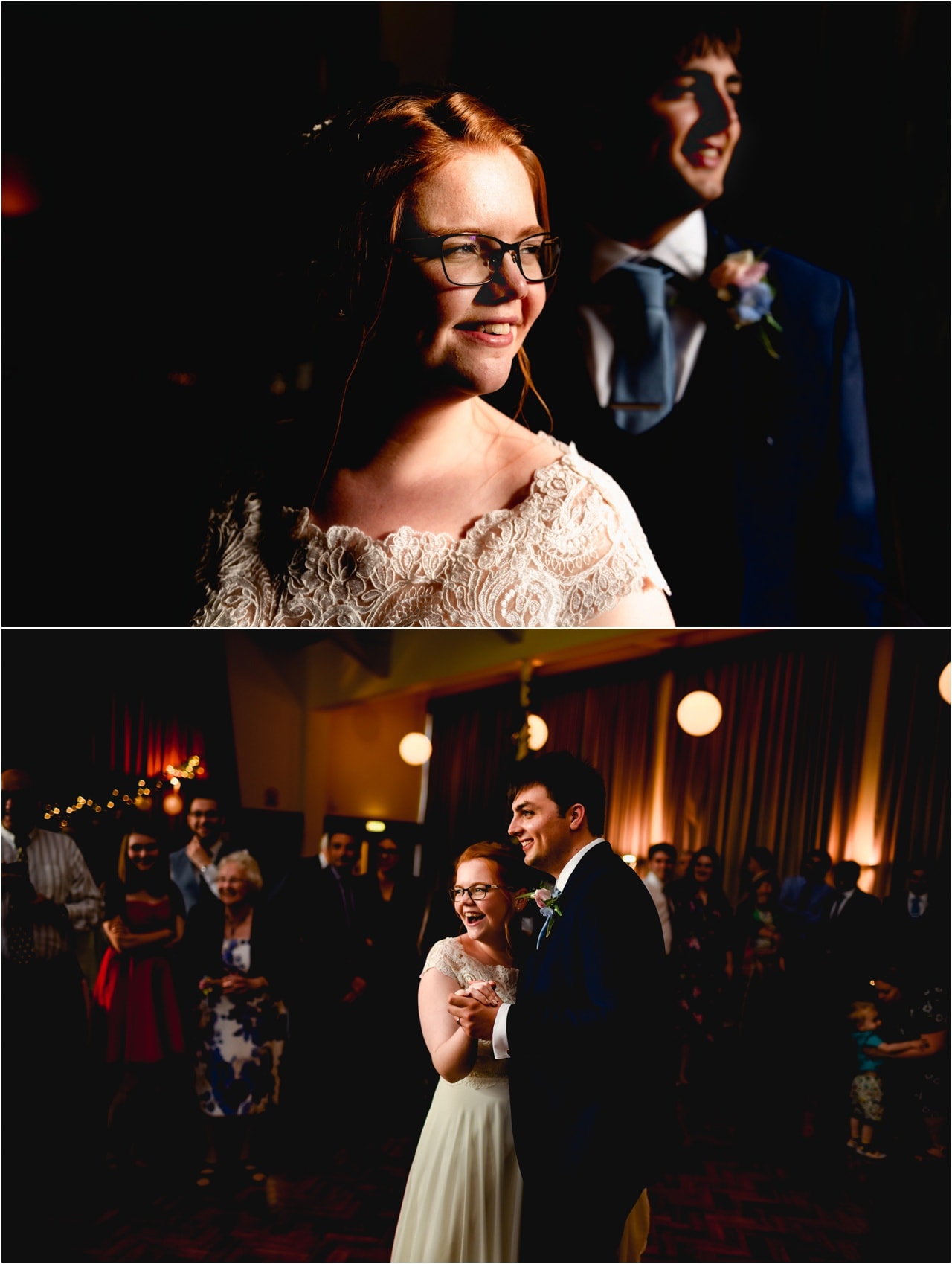 First dance of bride and groom on the evening of their wedding while guests look on.