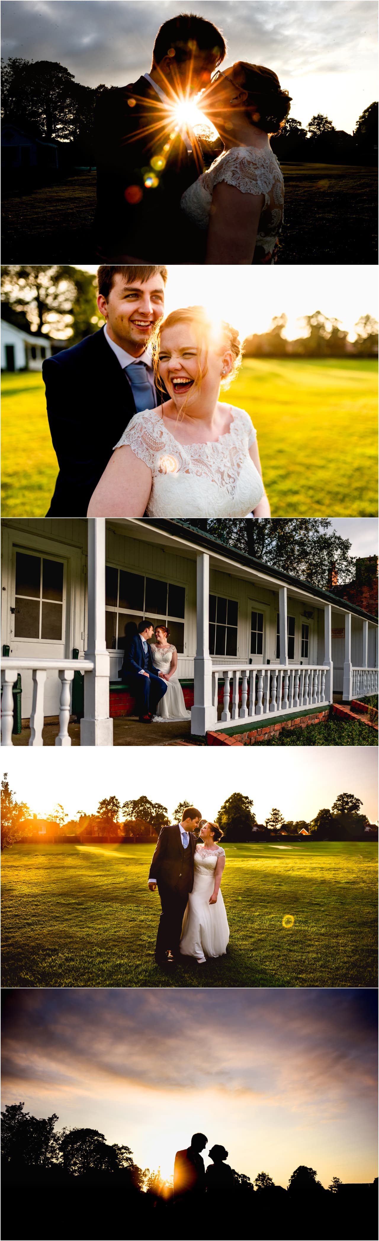 Bride and groom portraits at golden hour with happy bride and groom laughing and kissing in a field. Bride has beautiful ginger hair.