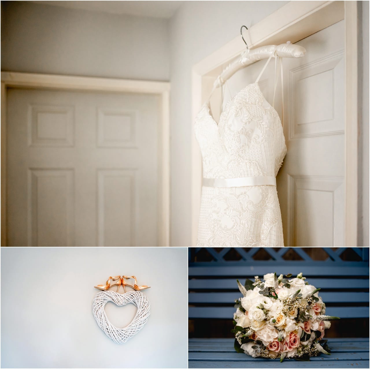 wedding dress hanging on the door with gold shoes and a bridal flowers bouquet