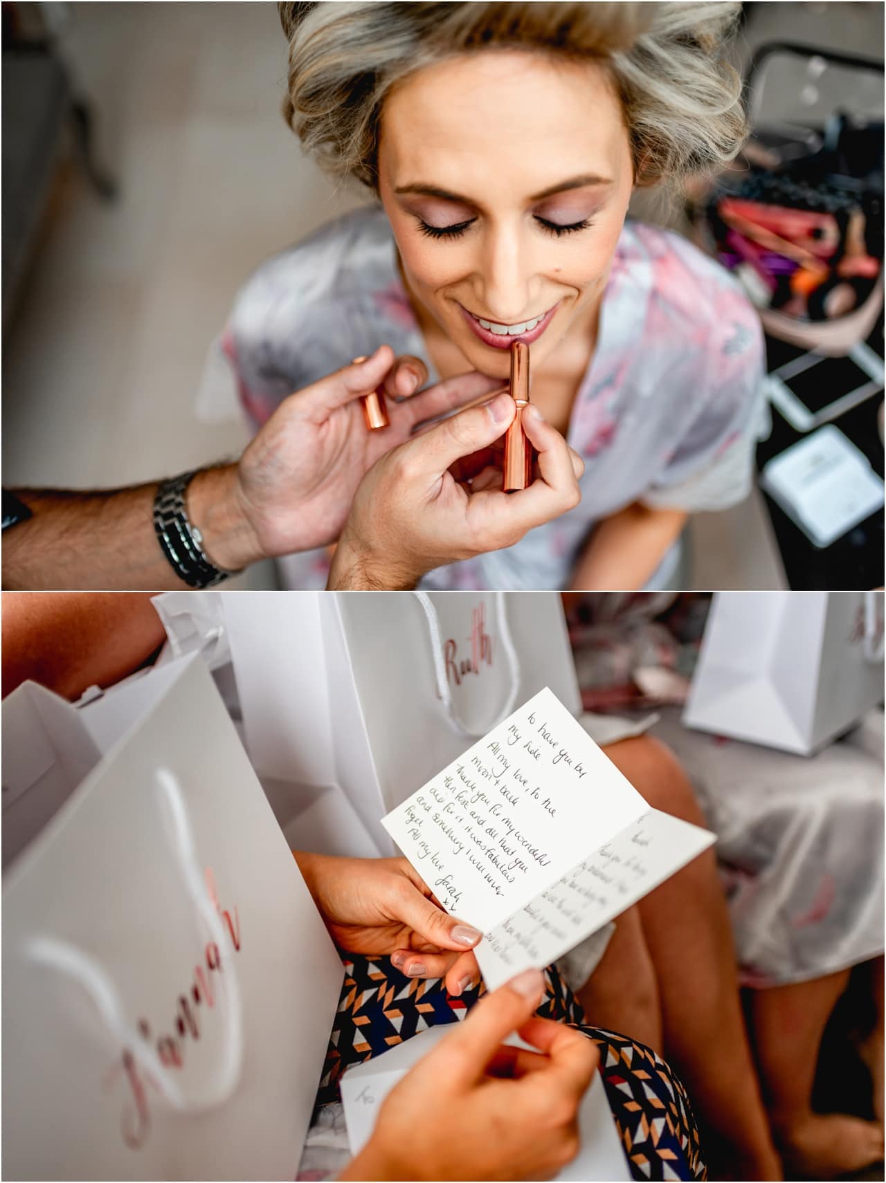 Bride has her make up applied on the morning of her wedding and bridesmaids open gifts