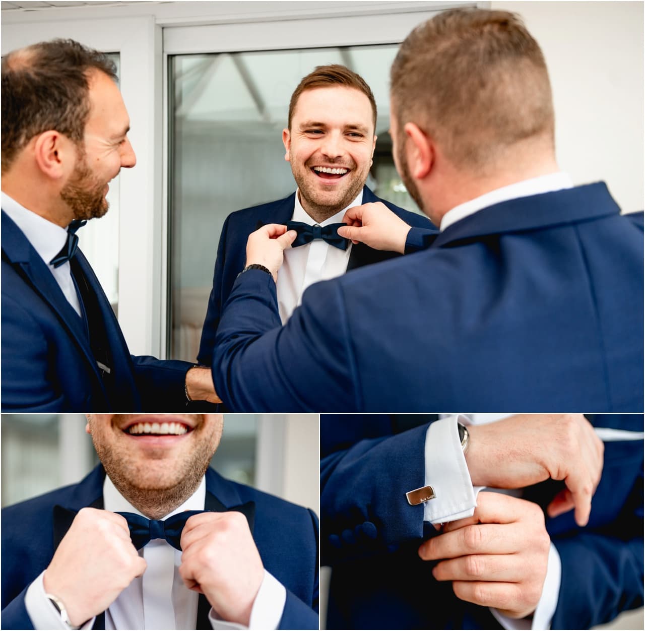 Groom and ushers get ready on the morning of the wedding in blue dinner jackets and black bowtie with personalised cufflinks.