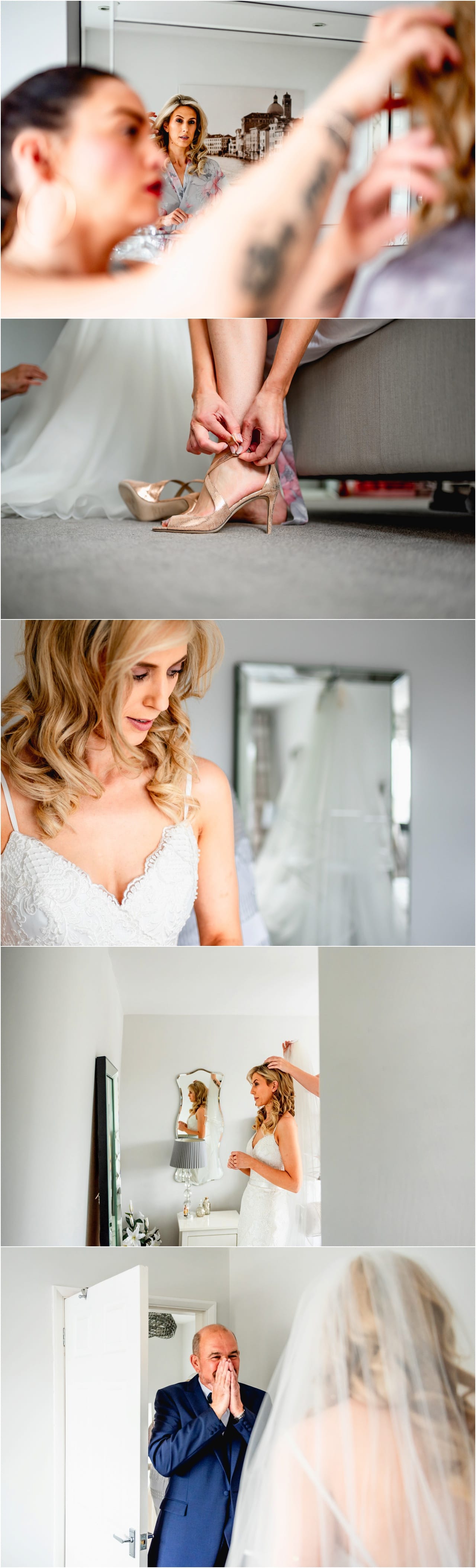 Final touches for a bride on the morning of her wedding with hair stylist helping to put on dress and Dad seeing bride for the first time in her dress and crying.