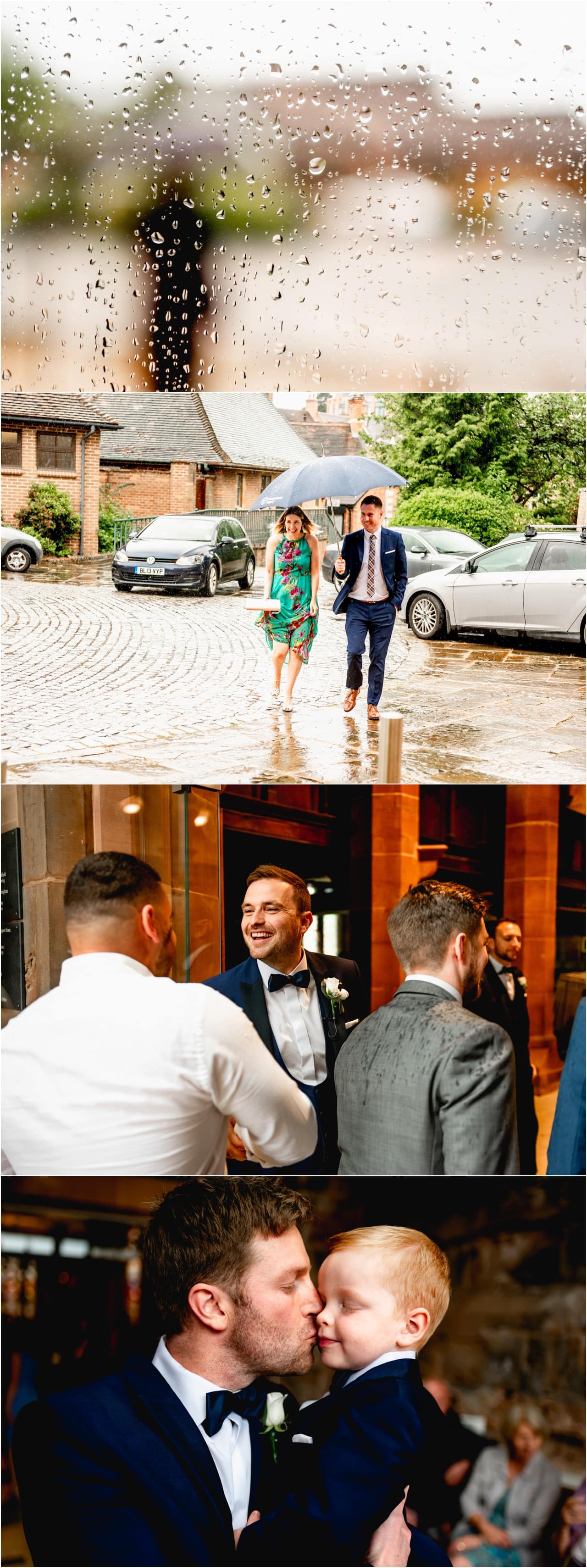 Rainy wedding photos showing arrival of guests at church being greeted by the groom at church doors.