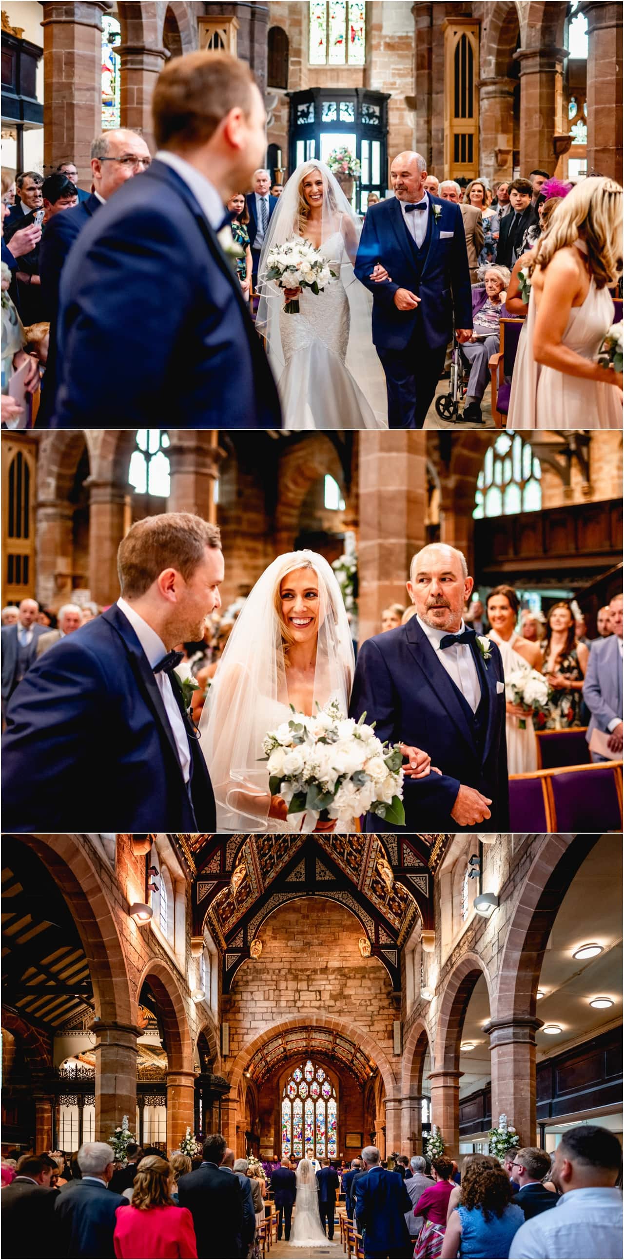 Bride walks down the aisle with her Dad at Sutton Coldfield church to meet her groom.