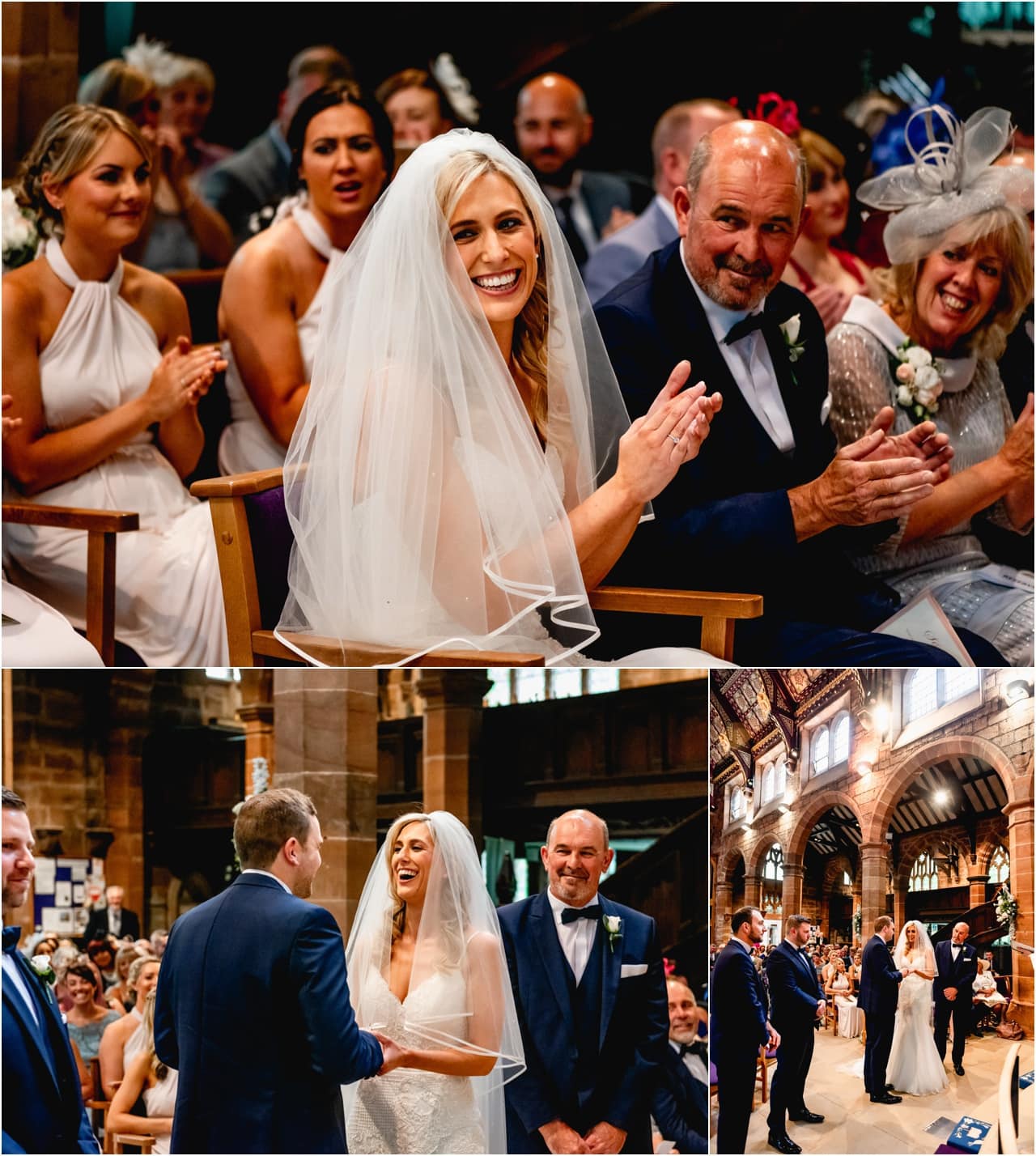 Wedding photos during ceremony at church of bride and groom smiling and laughing.