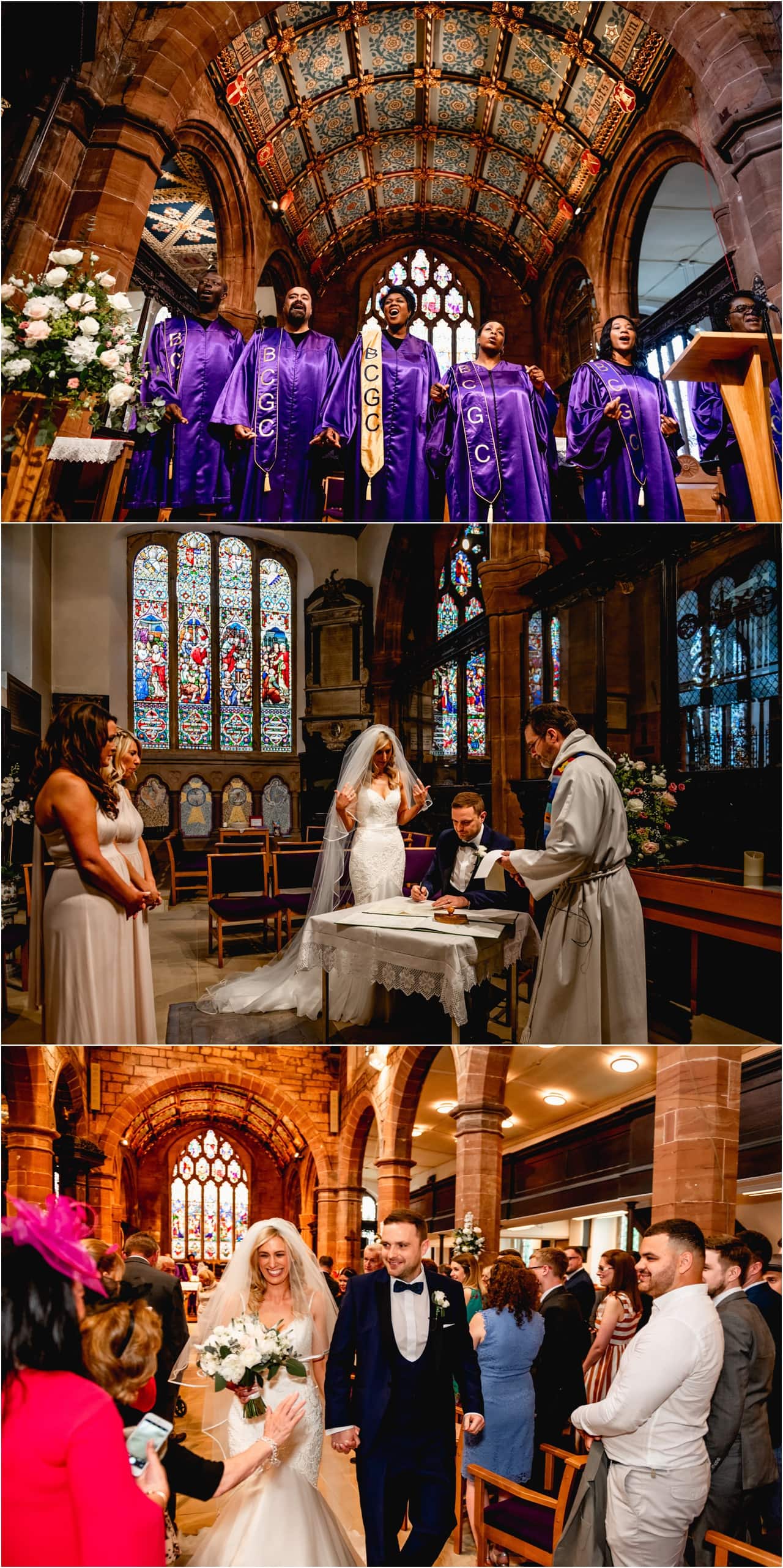 Gospel choir during church wedding in Sutton Coldfield as bride and groom make their exit down the aisle