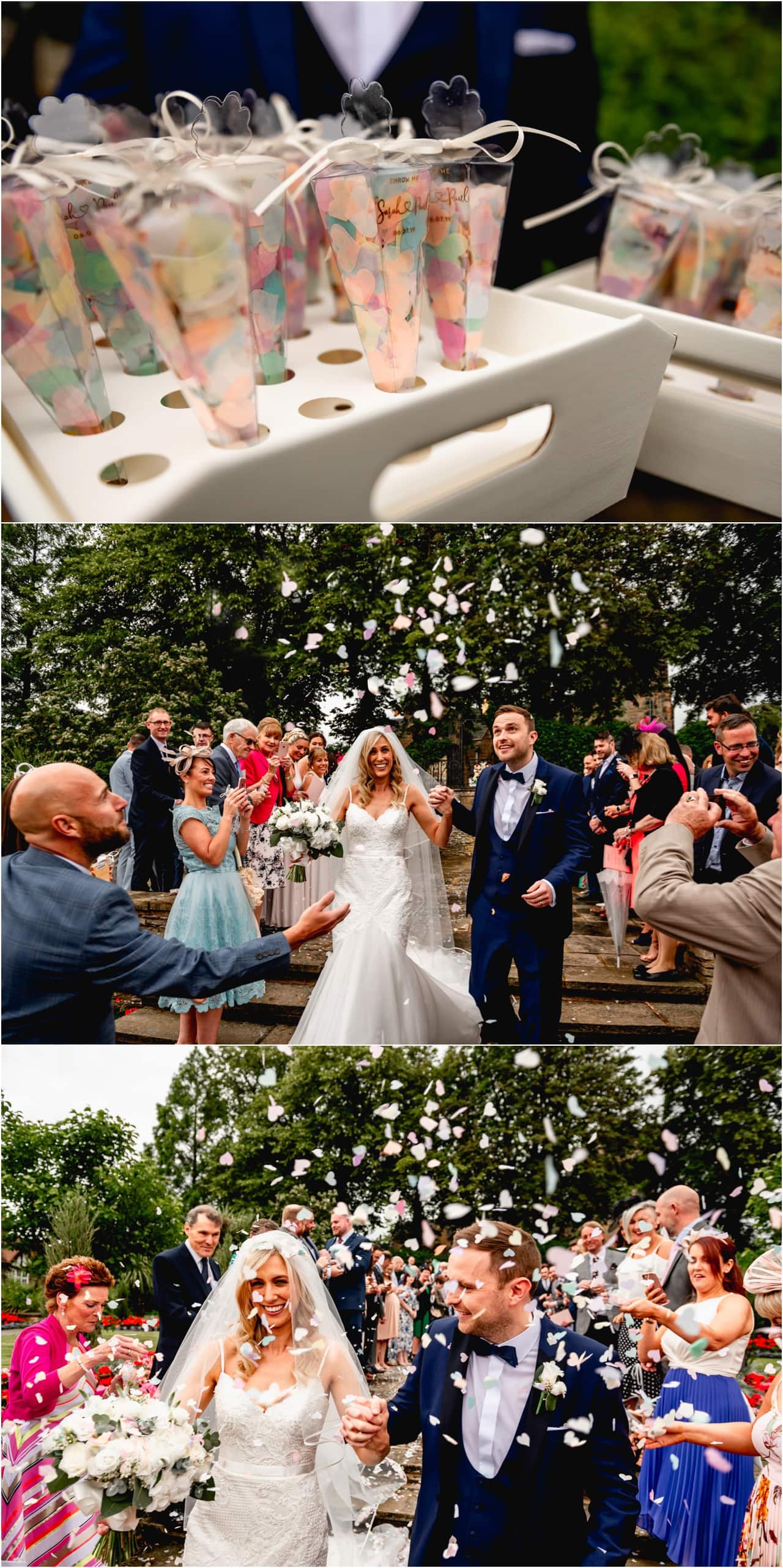 Confetti tunnel after a wedding ceremony at Trinity Church in Sutton Coldfield with bride and groom.