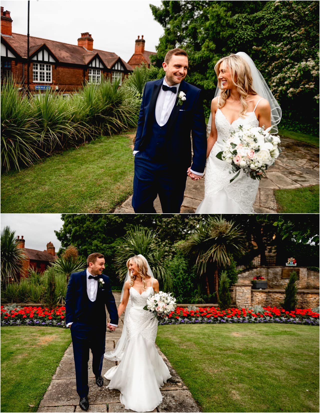 Wedding portrait photos of bride and groom looking at each other and laughing.