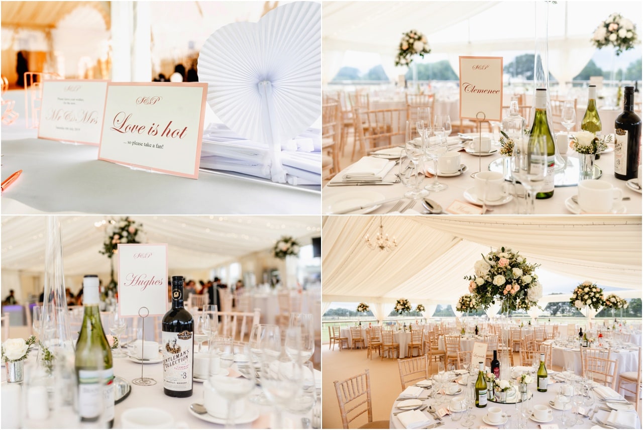 Wedding details in marquee, elegant white, cream and gold designs.