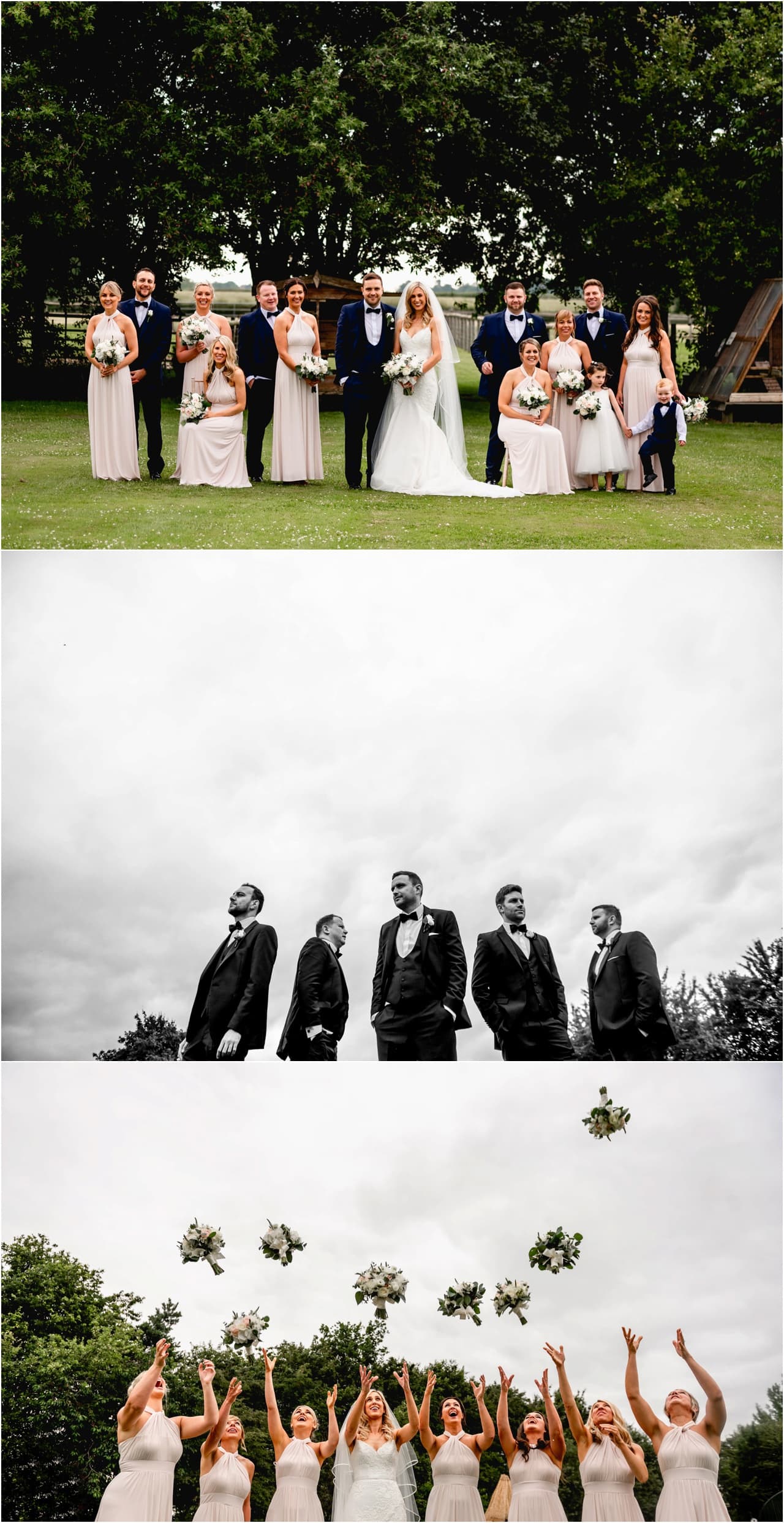 Bridal party at a wedding in Sutton Coldfield. Bride and bridesmaids throw bouquets into the air and black and white photos of groomsmen and ushers.