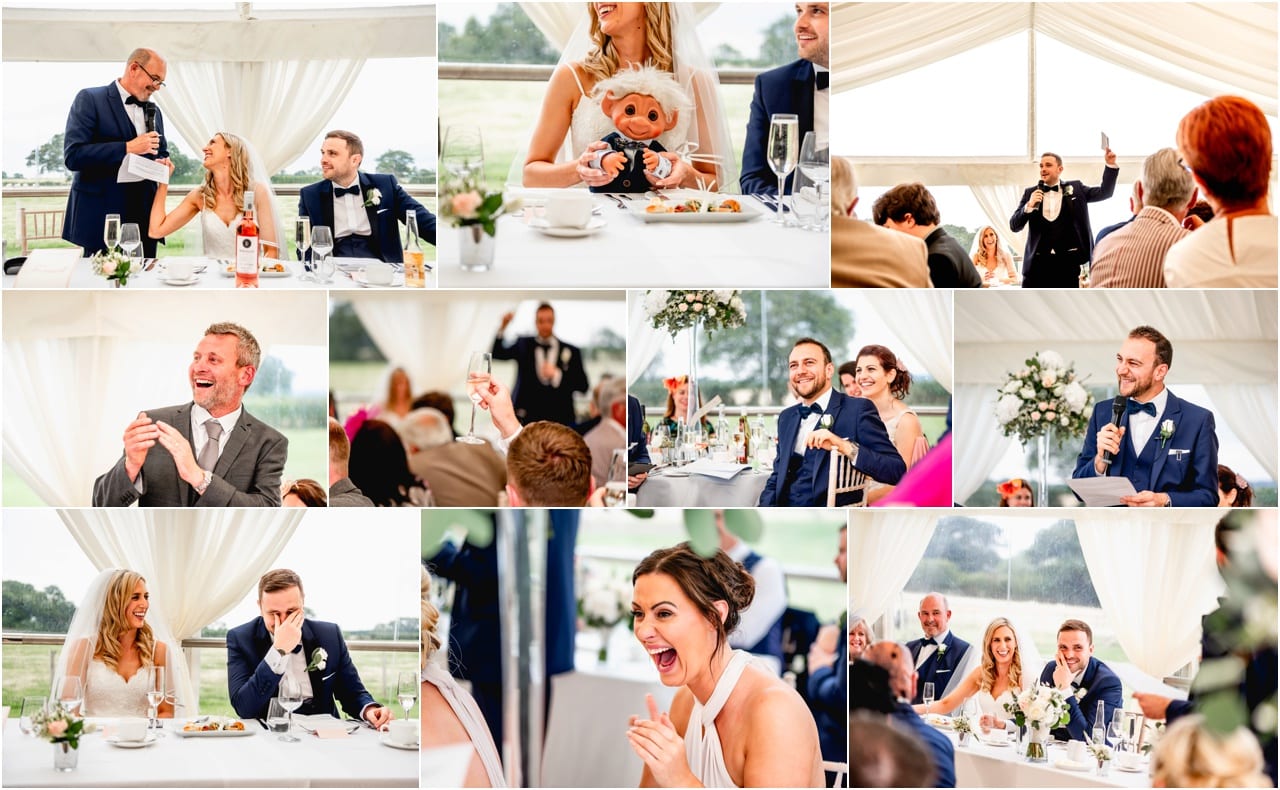 Wedding speeches at a wedding in a marquee in Sutton Coldfield with guests toasting the happy couple.