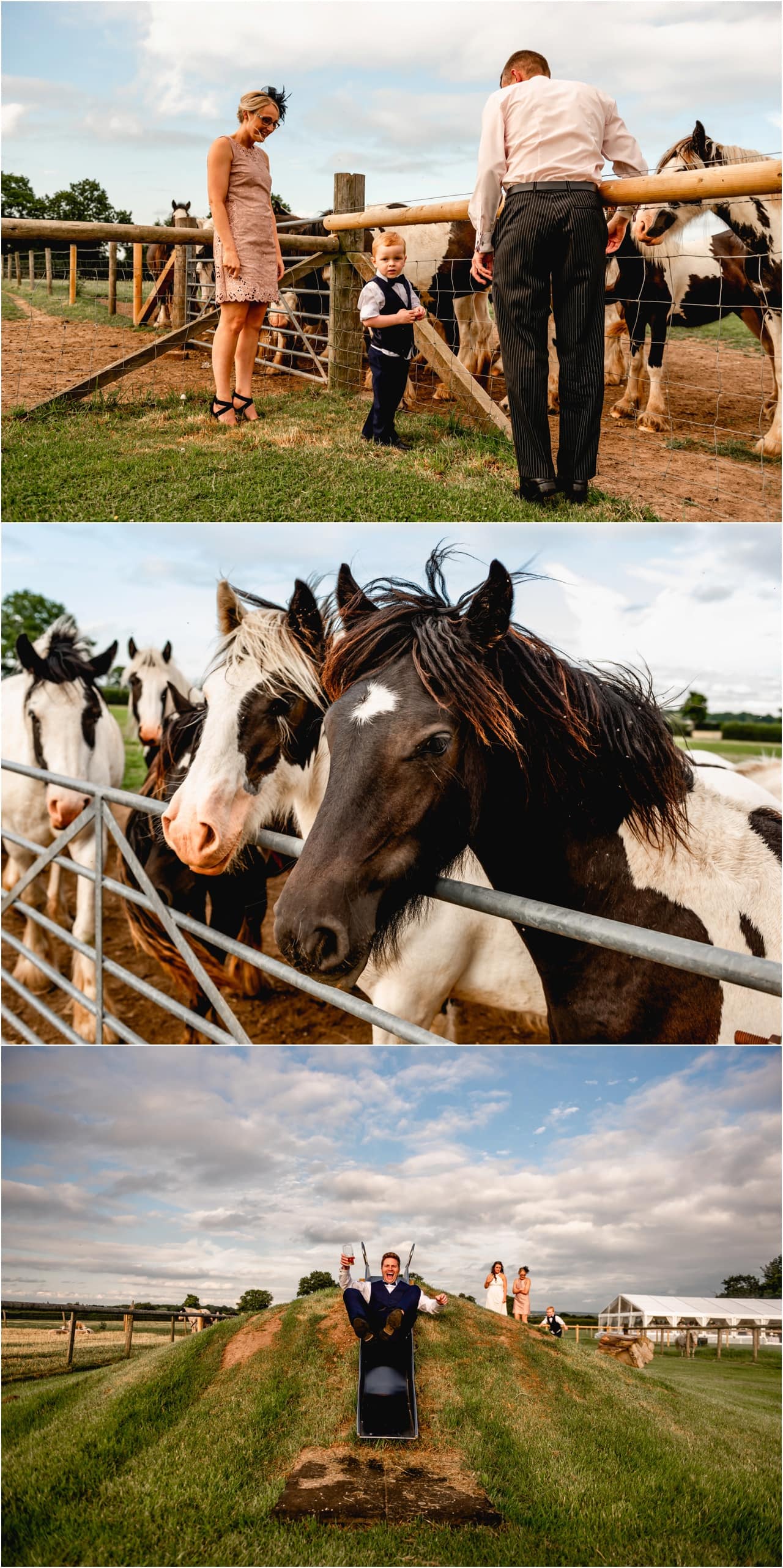 Page boy at a wedding feeds the horses on the family farm which is the venue the wedding is taking place and a groomsman slides down a slide in the garden