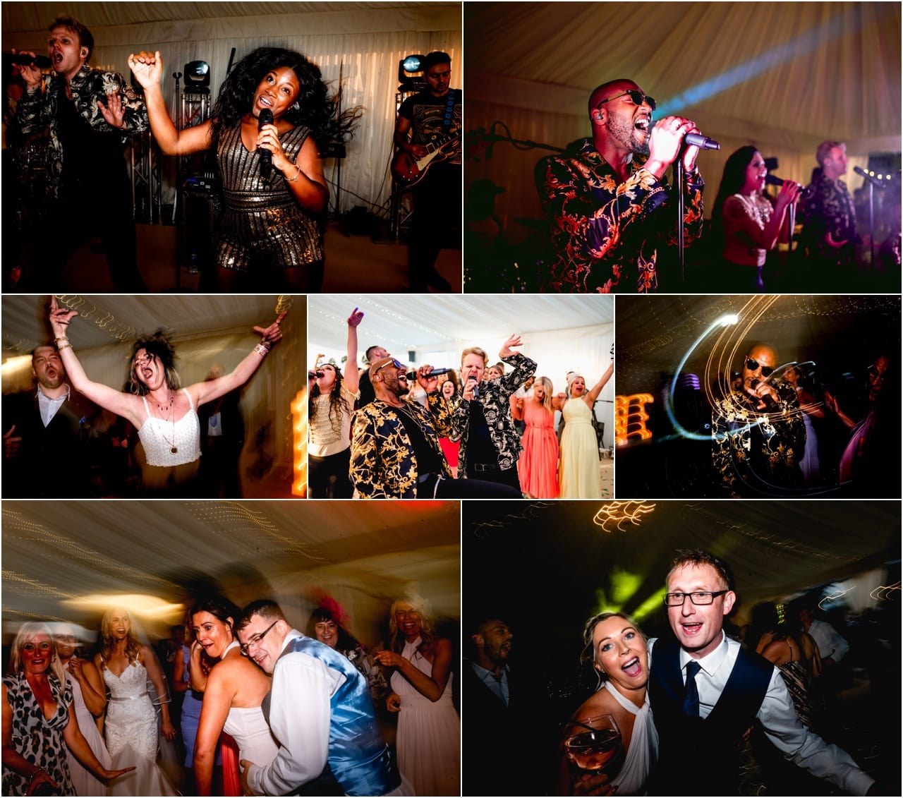Band Jam Hot play at a wedding in Sutton Coldfield as guests dance around them with lights and confetti. Raucous wedding party reception.