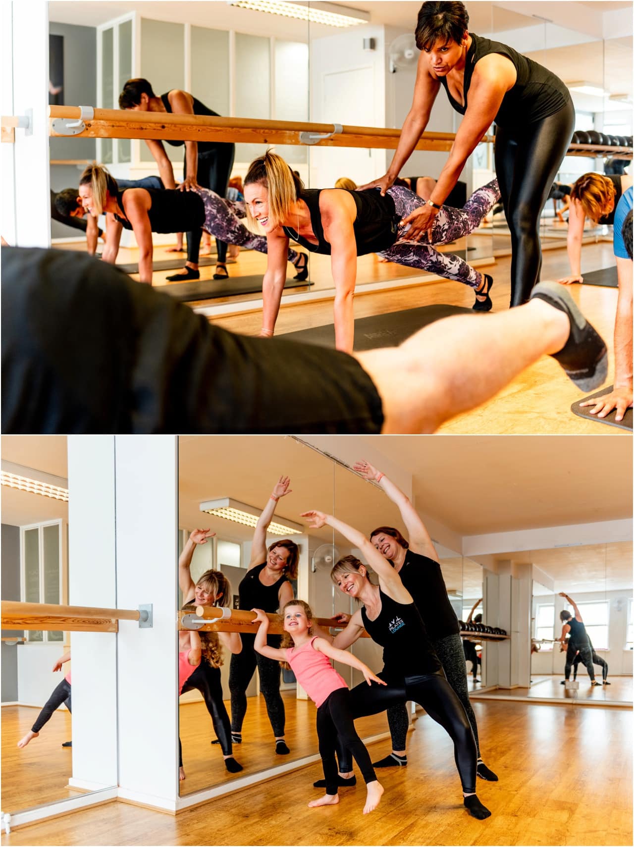 Pilates instructor assists a client during a studio class. Small business photography at Pilates Lounge.