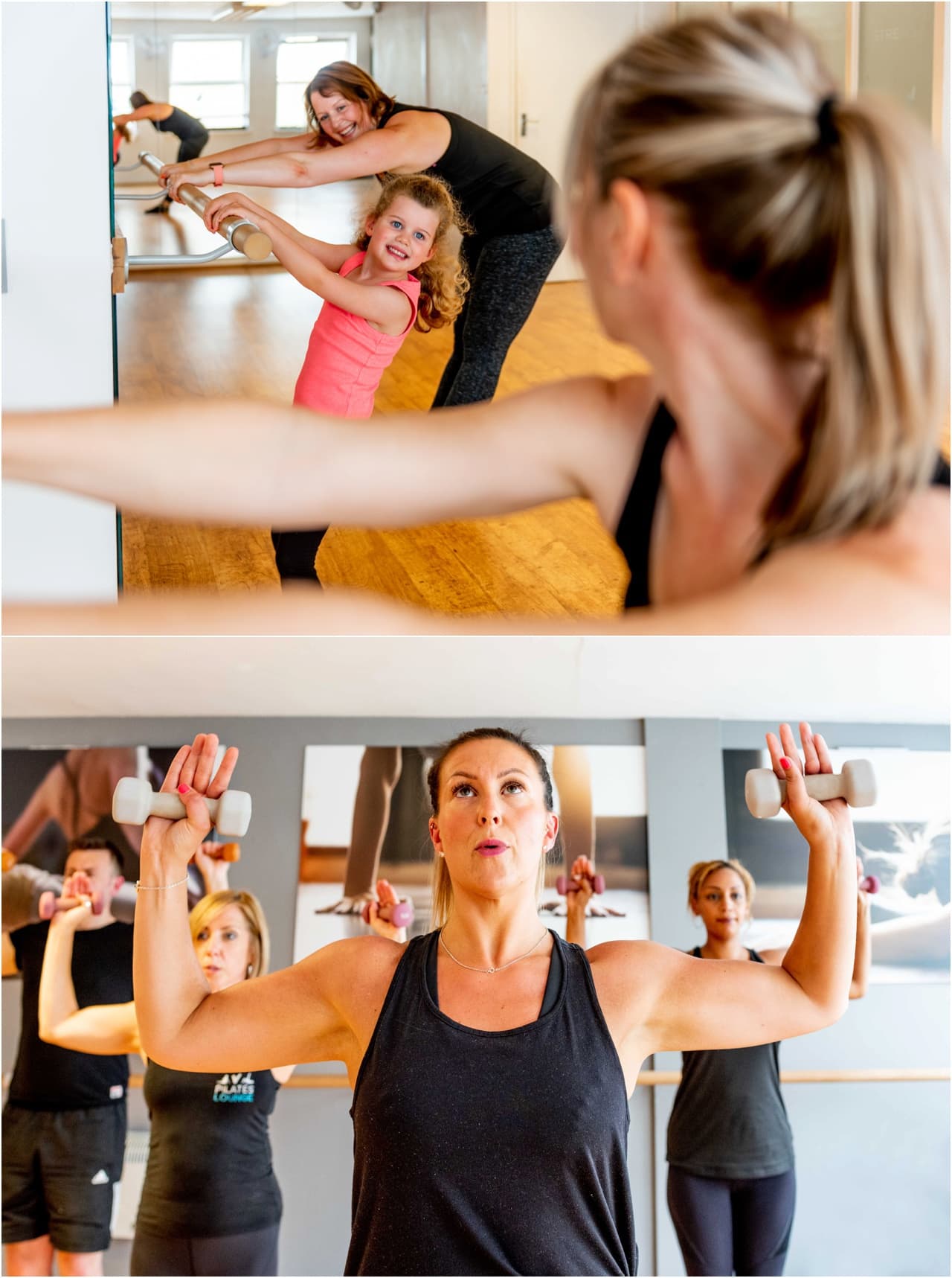 Child has a laugh while her mom takes a barre class instruction at Pilates Lounge