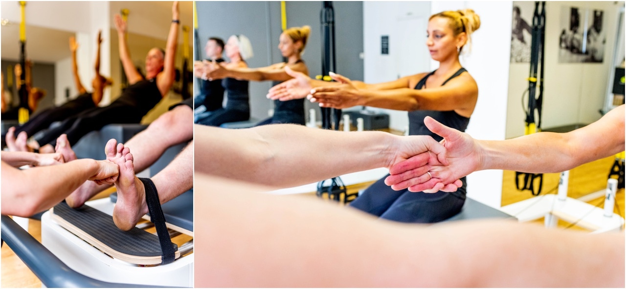 Close up images of pilates students during a class with hands holding the bar in a barre section of the instruction