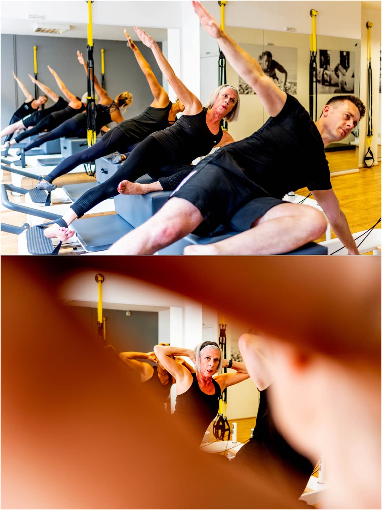 Students take a hard pilates class and pose in side plank.