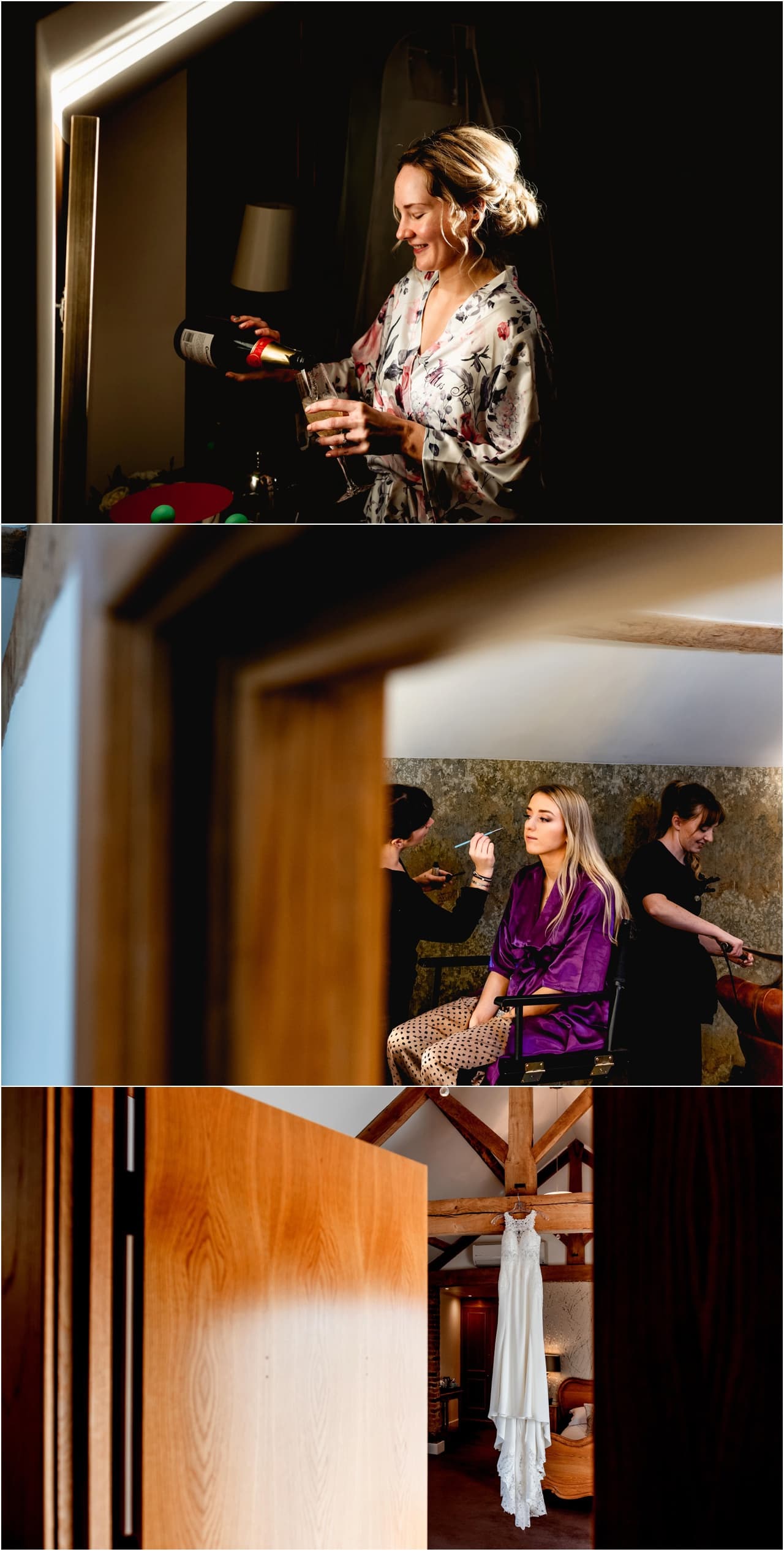 Bridal preparation at Mythe Barn Wedding venue for winter wedding, bridesmaids wearing purple dressing gowns while having make up applied.