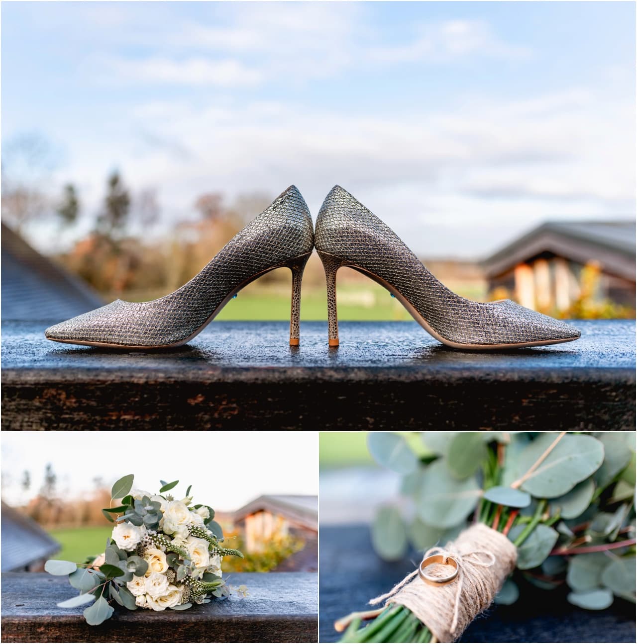 Jimmy Choo wedding shoes and flowers on the morning of a winter wedding at Mythe Barn.