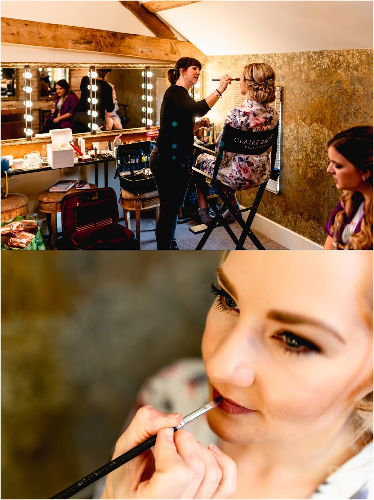 Bride has make up applied at Mythe Barn in bridal preparation area at Mythe Barn with stage lighting.
