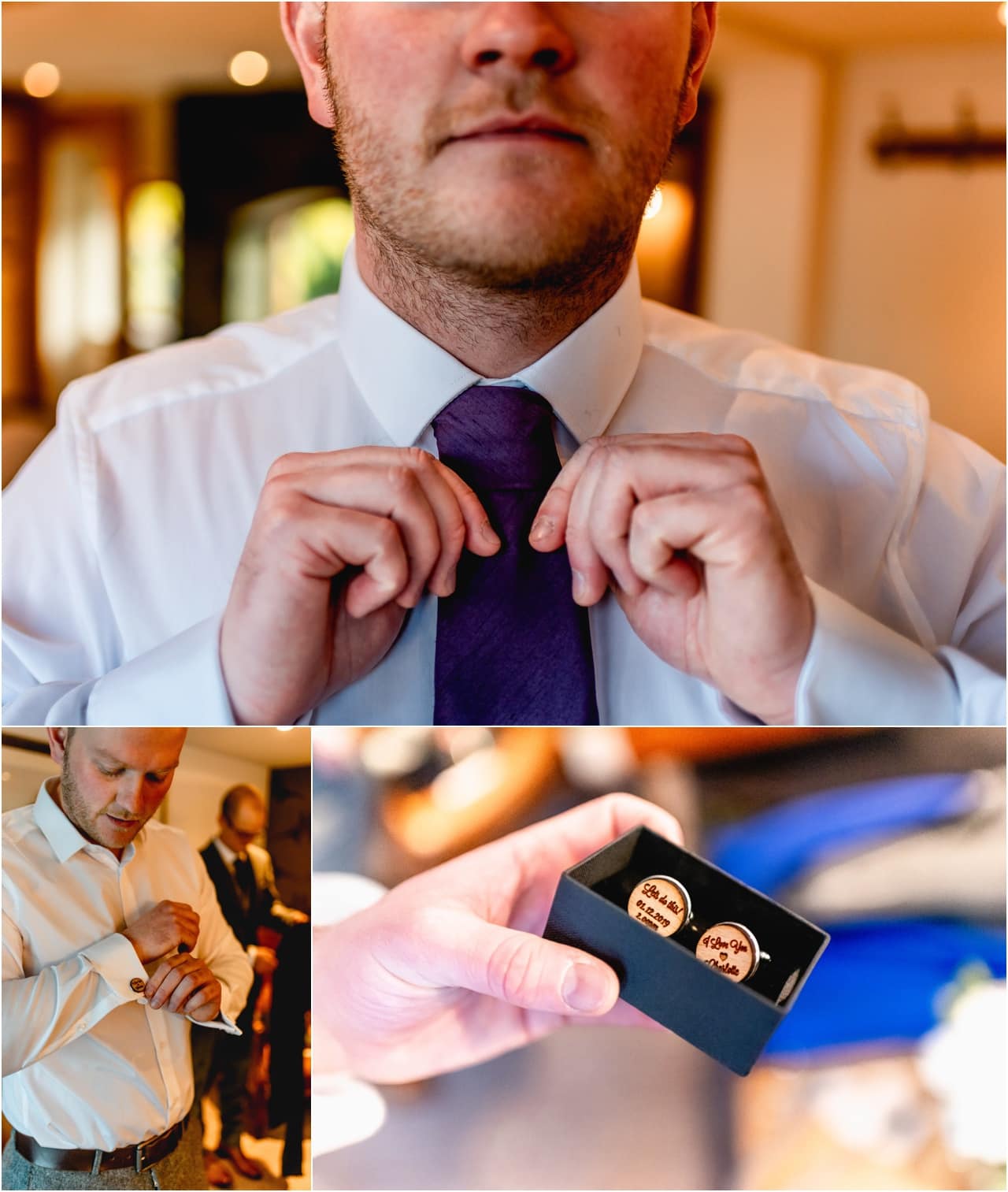 Groom gets ready for winter wedding. Purple tie and tweed suit. Fixing personalised wooden cufflinks