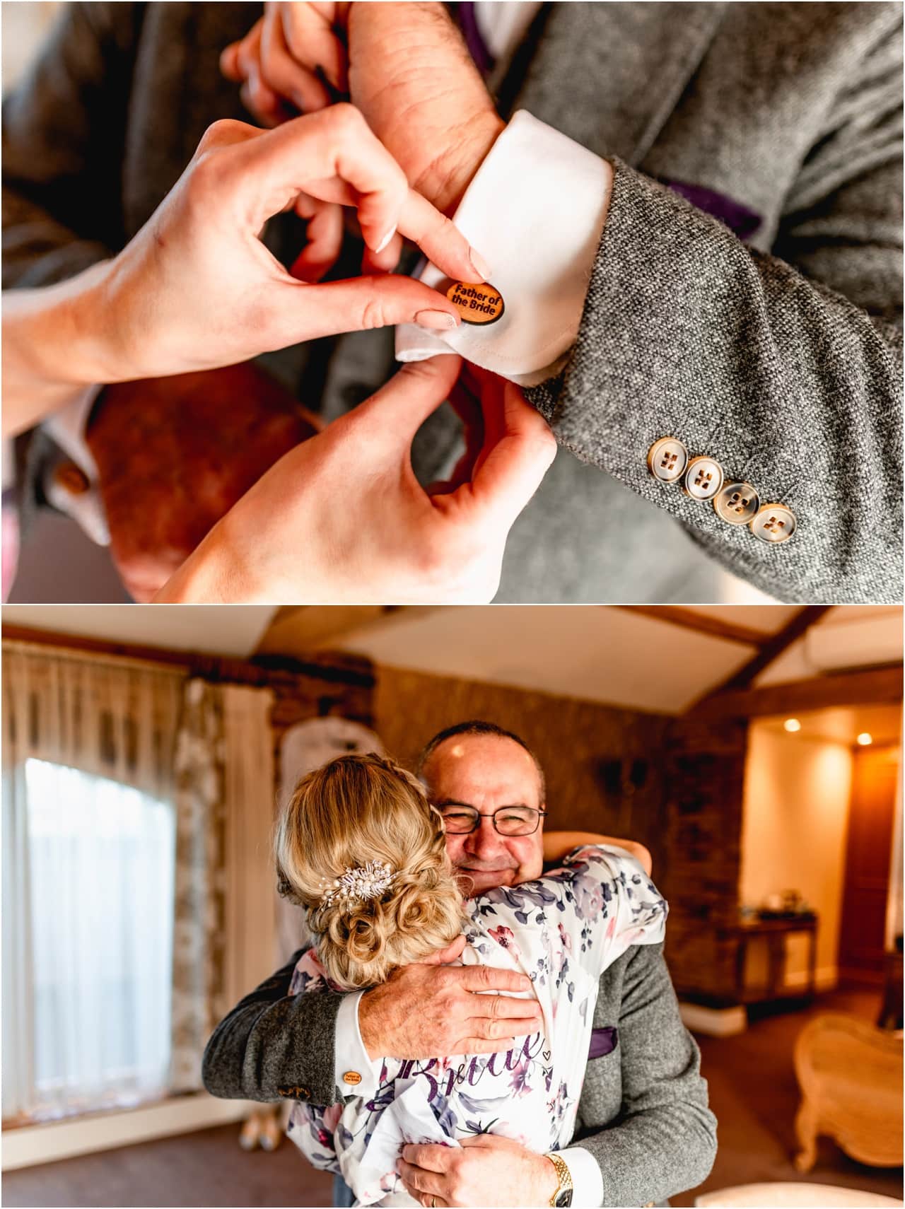 Father of the bride has his personalised wooden cufflinks done up by bride in bridal suite.