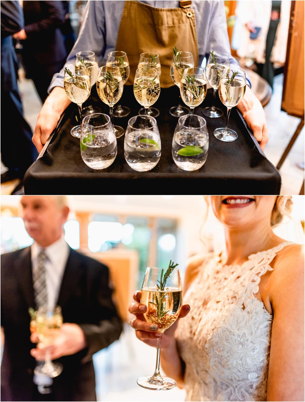 Winter drinks during wedding reception with rosemary in Prosecco.