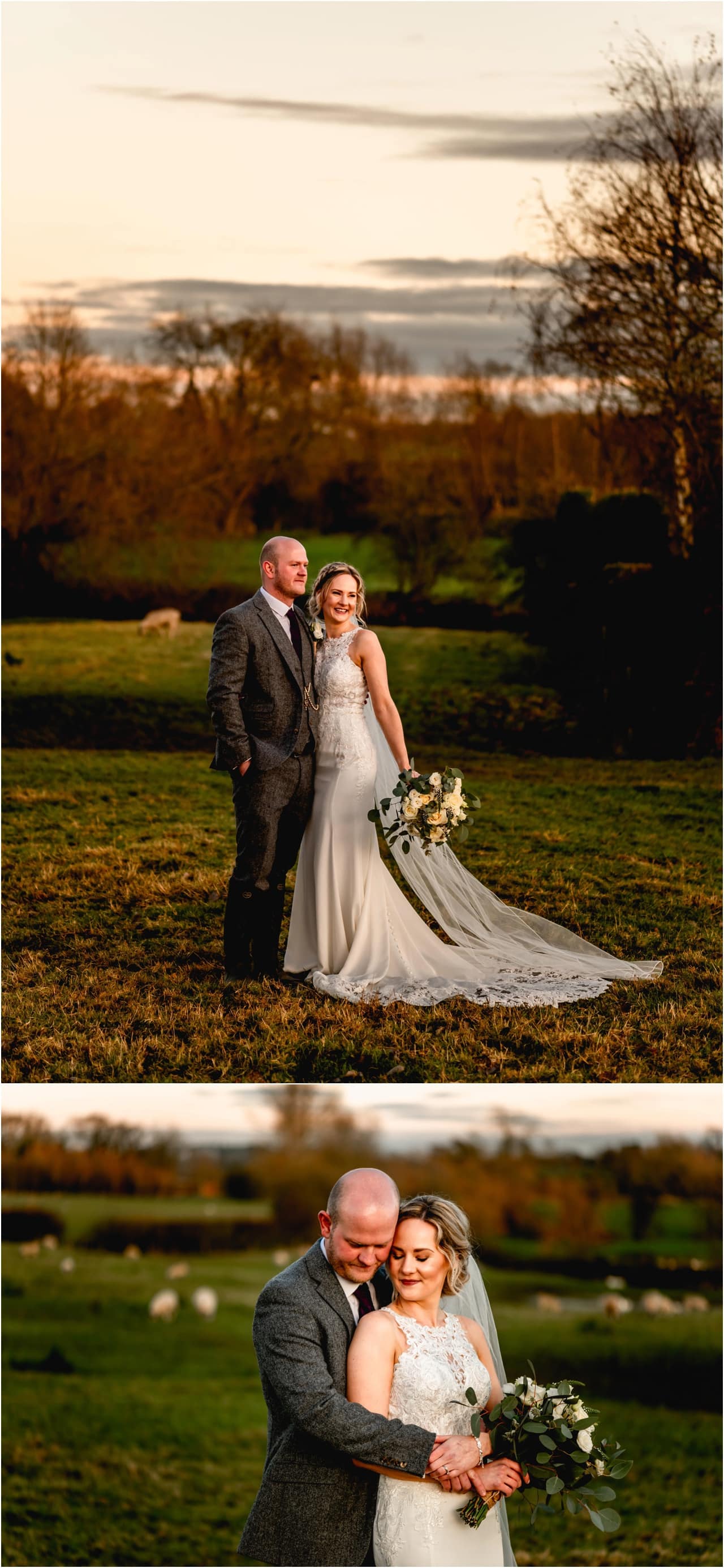 Bride and groom portraits in a field in Mythe Barn surrounded by sheep.