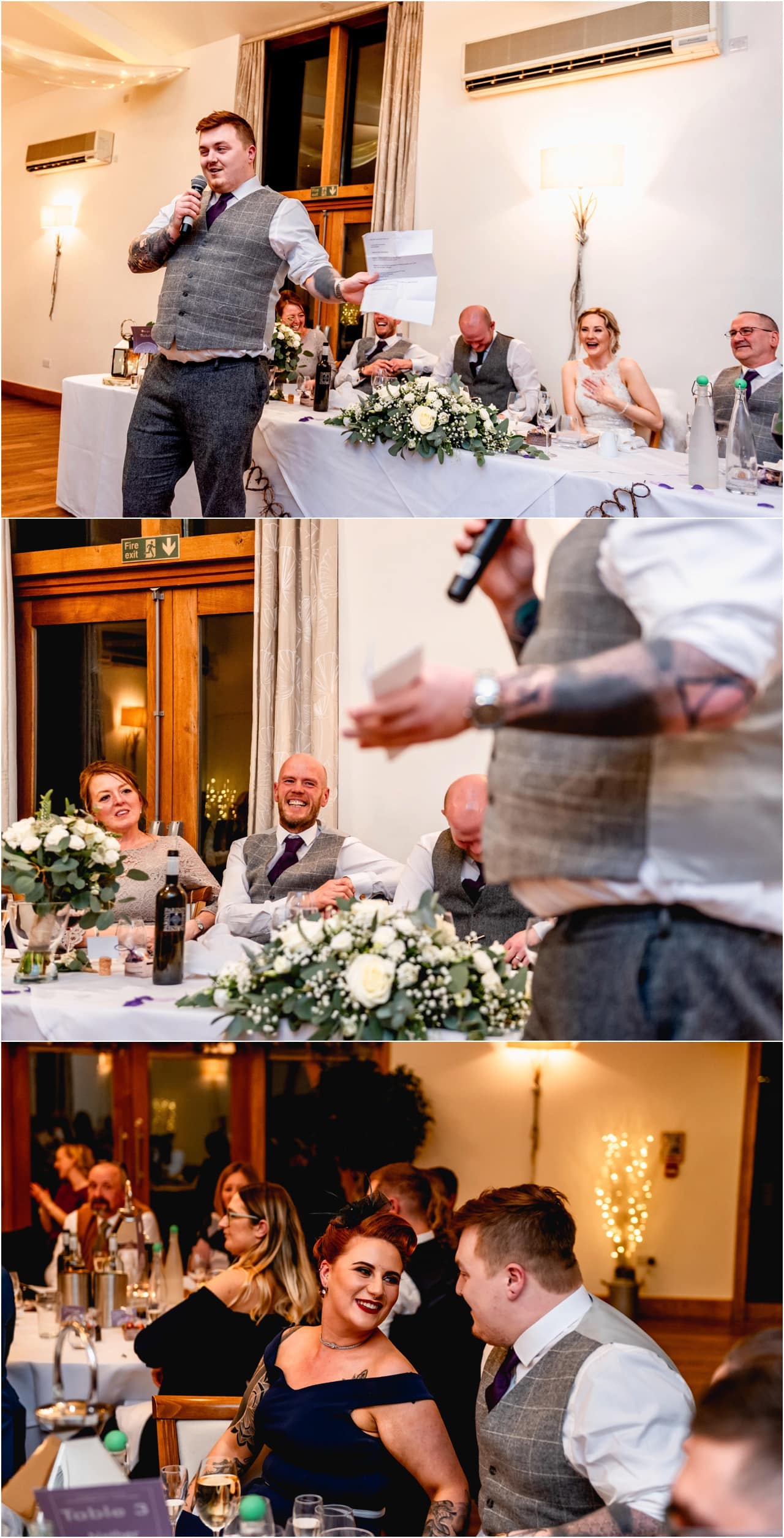 Wedding speeches during a wedding breakfast at a winter wedding.