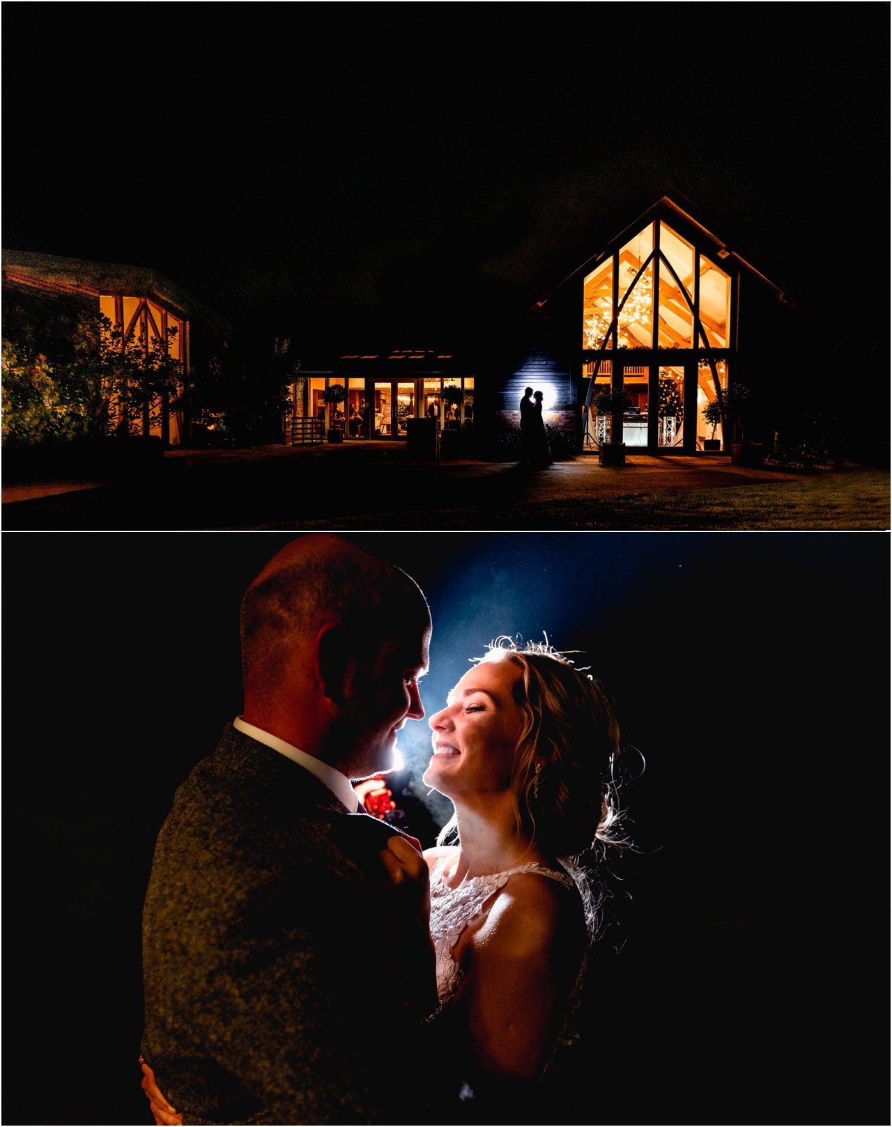 ECreative evening portraits at a winter wedding during the evening, bride and groom lit from behind to form a silhouette against Mythe Barn.