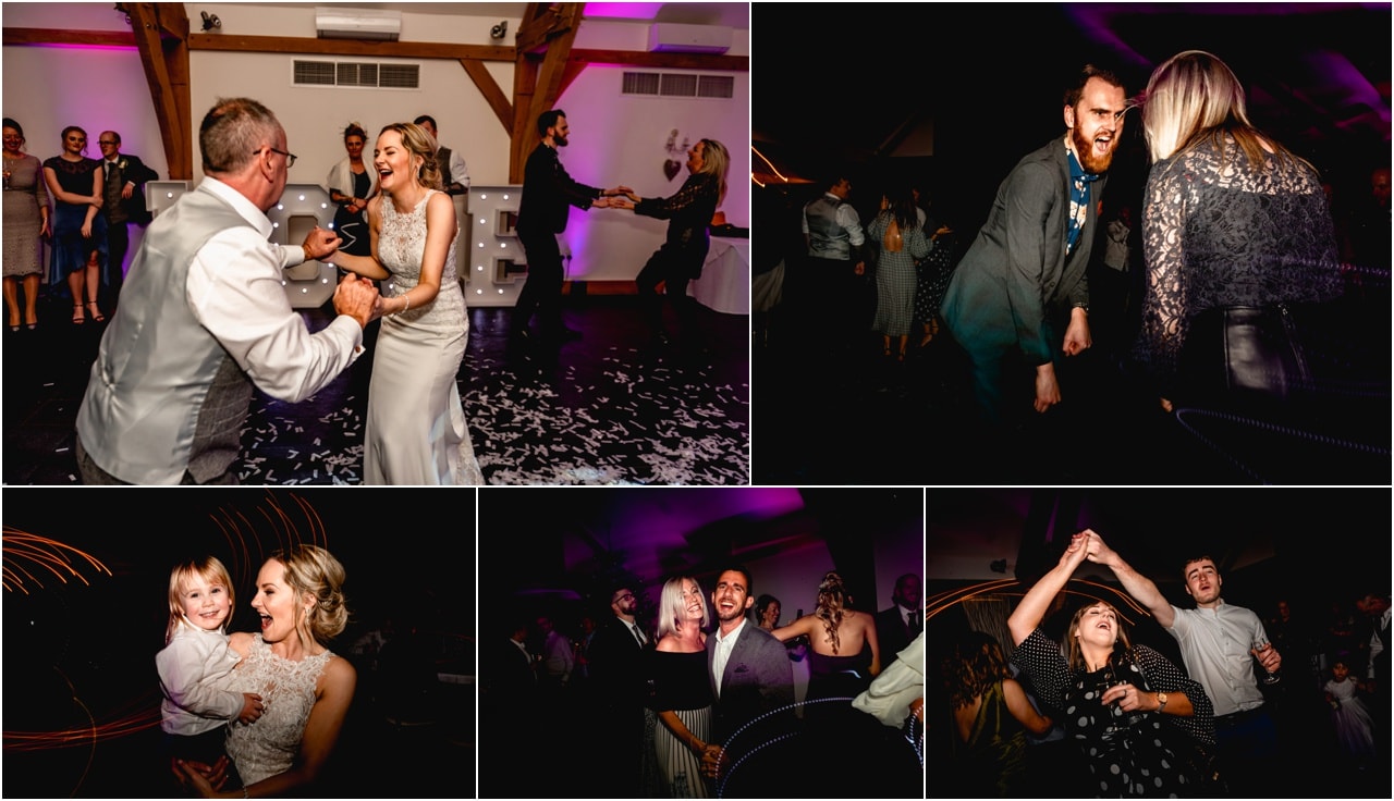 Wedding reception party photos of bride and groom and their guests having fun during the dancing. Light trails and lots of laughter.