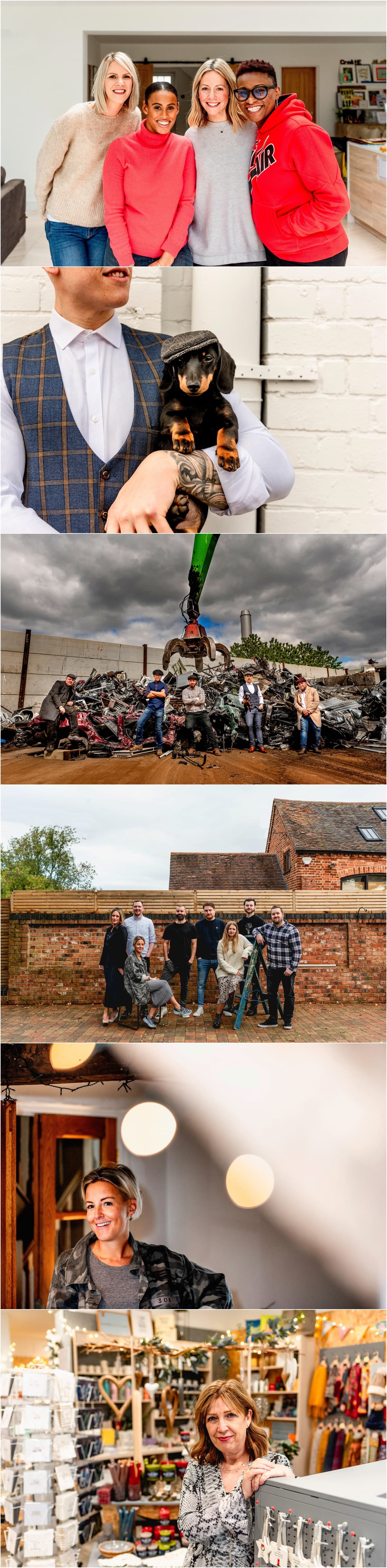 Branding sessions and corporate photography for Best of 2020 blog post by Lisa Carpenter Photography. Self School group photo of four ladies laughing together, Taroni Scrap metal group photo of four men sitting on pile of scrap metal with sausage dog in peaky blinders cap, Tayroc watches team meeting, Wishes and Kisses Solihull store photography.