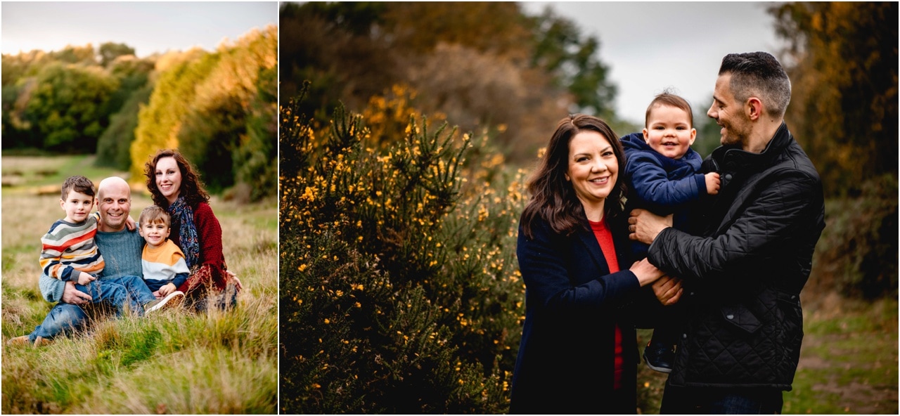 Family photos in Sutton Park with Mom and Dad and children laughing together.