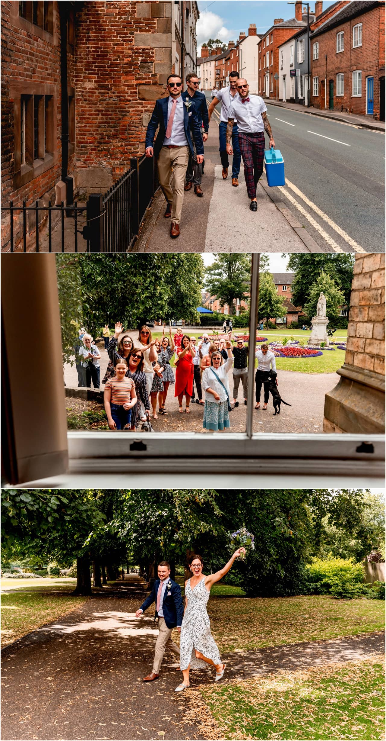 Wedding photos during Covid Lockdown at Lichfield Registry Office in Staffordshire. Small, relaxed micro wedding with Sally and Tom walking with guests waiting outside.