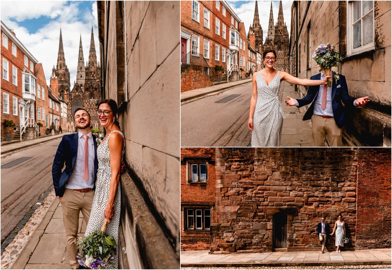 Lockdown wedding during Covid in Lichfield, bride and groom walk through streets of Lichfield for fun, happy portrait photos