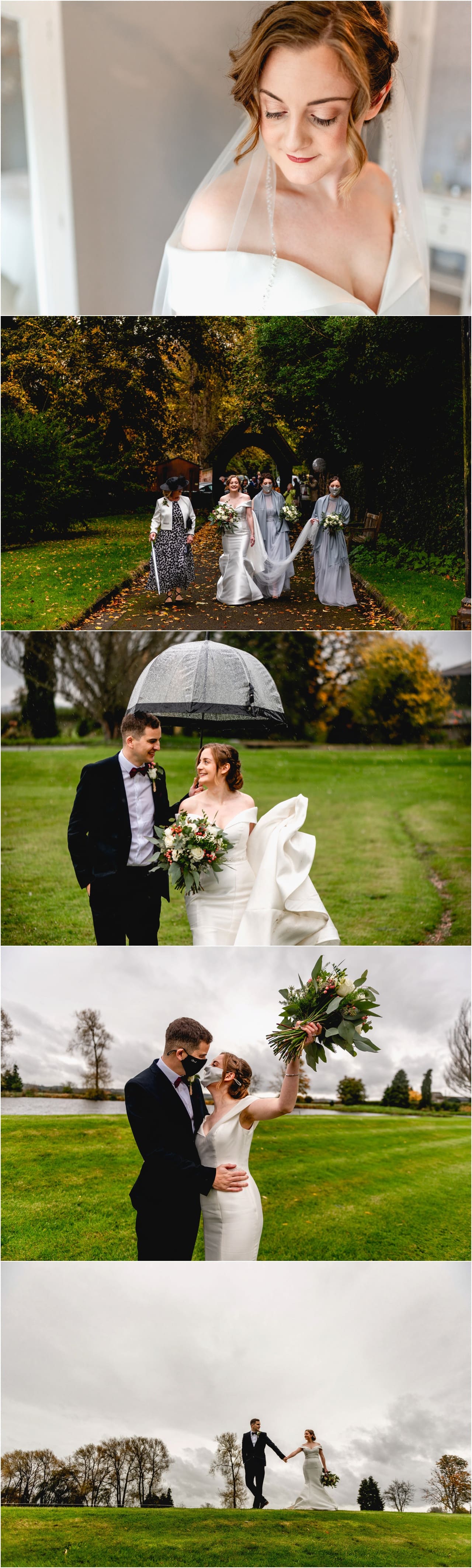 Wedding photography during Covid Lockdown. Micro wedding at Cheswell Grange in Shropshire. Rainy wedding, bride and groom with umbrella.