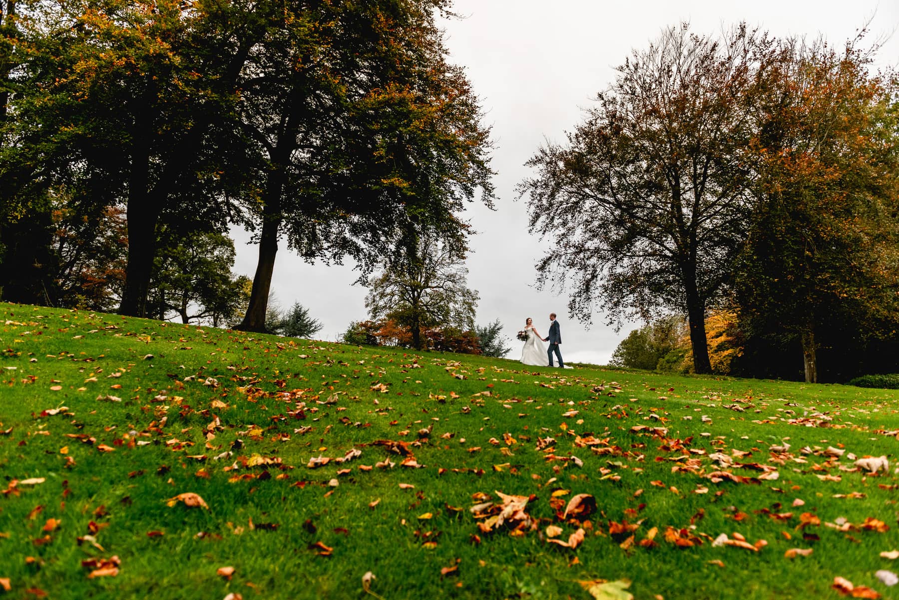Photo from a distance of a bride and groom walking along a hill scattered with autumn leaves. Bride looks back at her husband as she walks in front. Best Wedding Photography of 2021