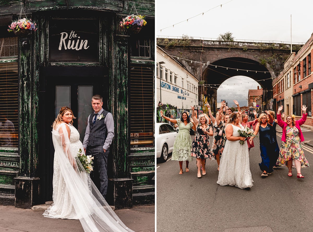 Digbeth wedding, guests all cheer as they walk down the street and couple stand outside the Run pub in Diugbeth before heading to The Old Library