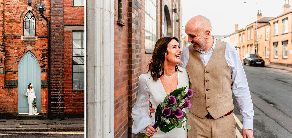Urban wedding venue photography with couple walking down busy street at bride standing against tall sky blue door holding a glass of champagne