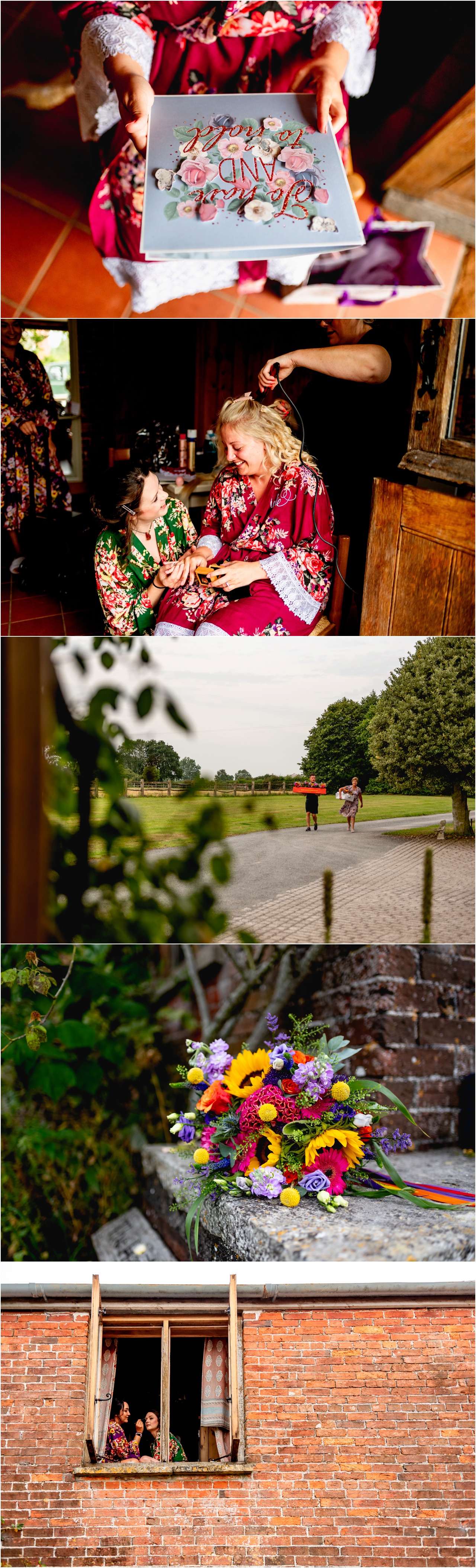 Bridal preparation in a house at a field venue in Somerset, girls getting ready in floral dressing gowns
